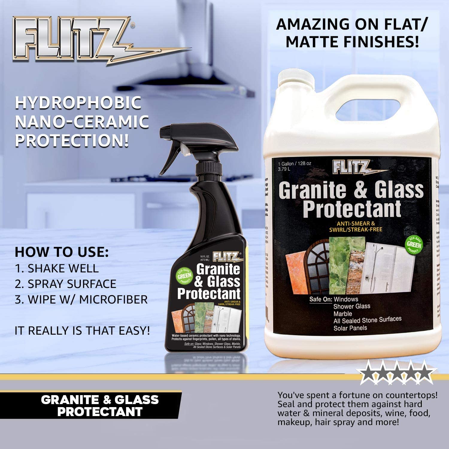Flitz Granite & Glass Protectant - Advanced Ceramic Sealer for Countertops, Glass, Stainless Steel Appliances - 16 oz Water-Based Formula - Protects Against Fingerprints, Stains & Scratches - Perfect for Kitchen Countertops, Bathroom Vanities & Outdoor Furniture