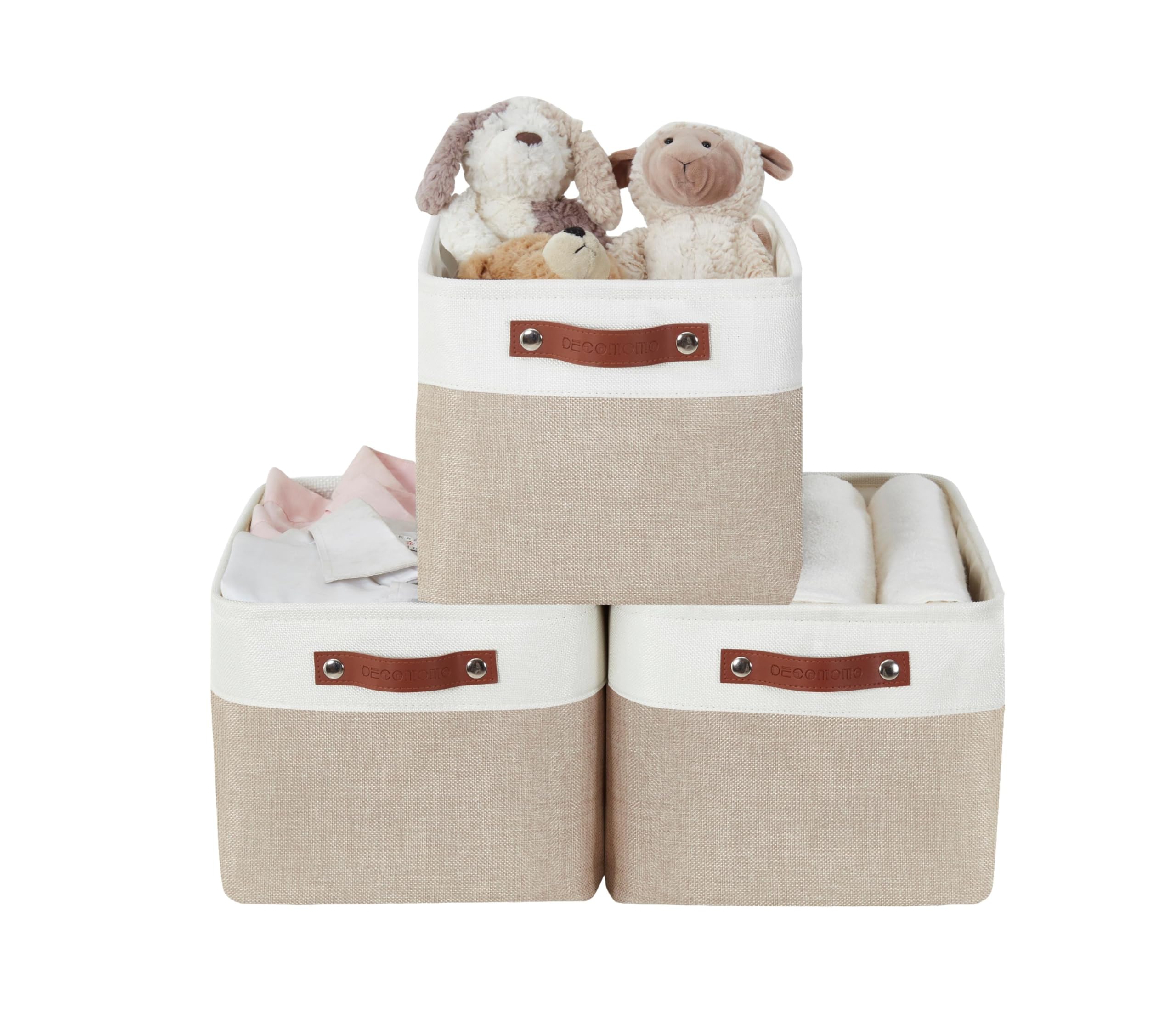 DECOMOMO Fabric Storage Bins - Extra Large 3-Pack Beige & White Closet Organizer Baskets for Shelves, Toys, Nursery, and Linen Closet Organization | Perfect for Home, Office, and Kids Room Storage Solutions