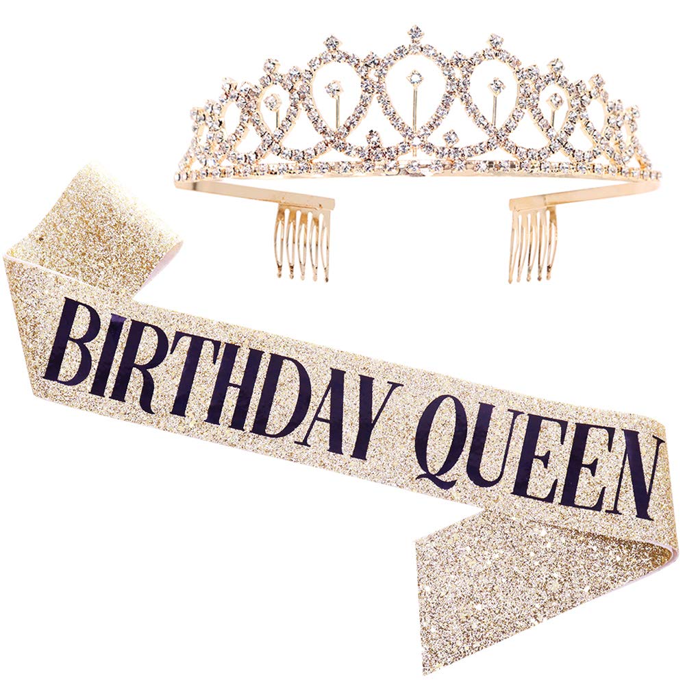 Birthday Queen Sash & Rhinestone Tiara Set - 21st 30th Birthday Party Supplies for Women, Gold Glitter with Black Lettering - Perfect for Bachelorette Parties, Birthday Celebrations & Special Occasions