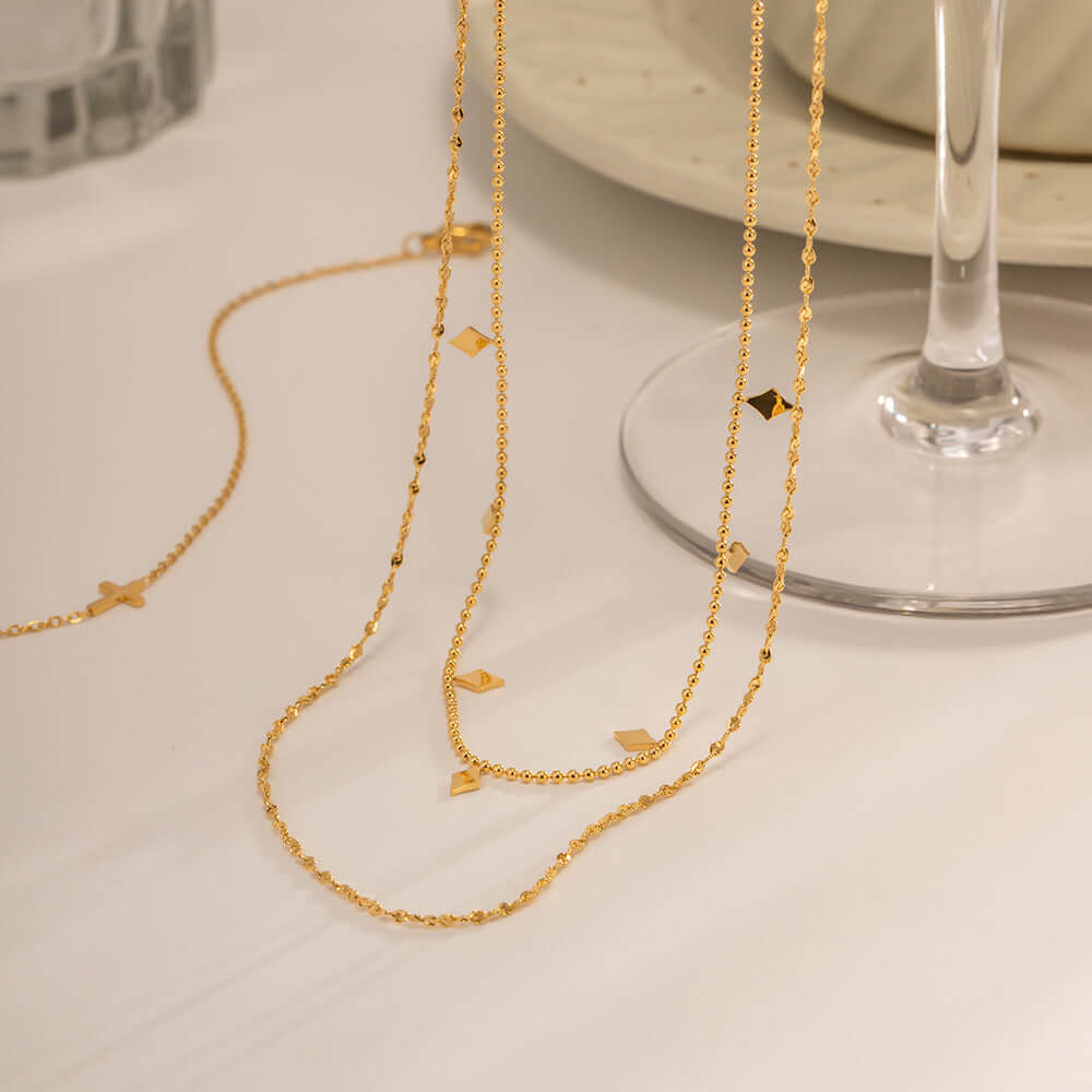 18K Gold Plated Geometric Double Strand Chain Necklace for Women - Elegant Layered Statement Jewelry for Parties, Date Night & Special Occasions | JDN120