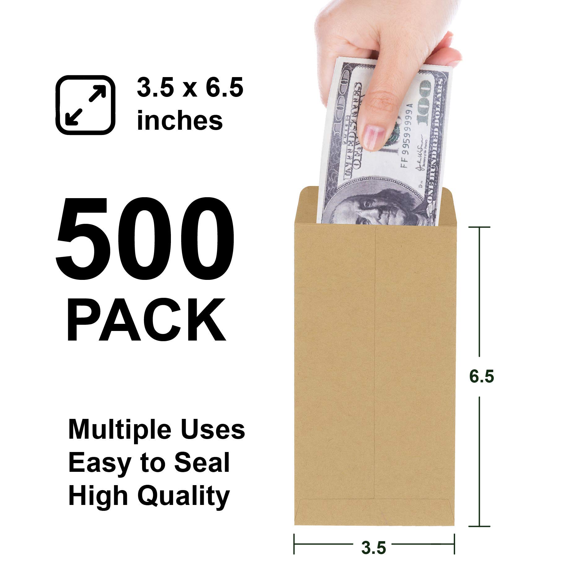 500 Pack Kraft Money Envelopes with Gummed Seal - 3.5 x 6.5 Inches Small Parts Cash Envelopes for Budgeting, Organizing, Wedding Favors & Business Use
