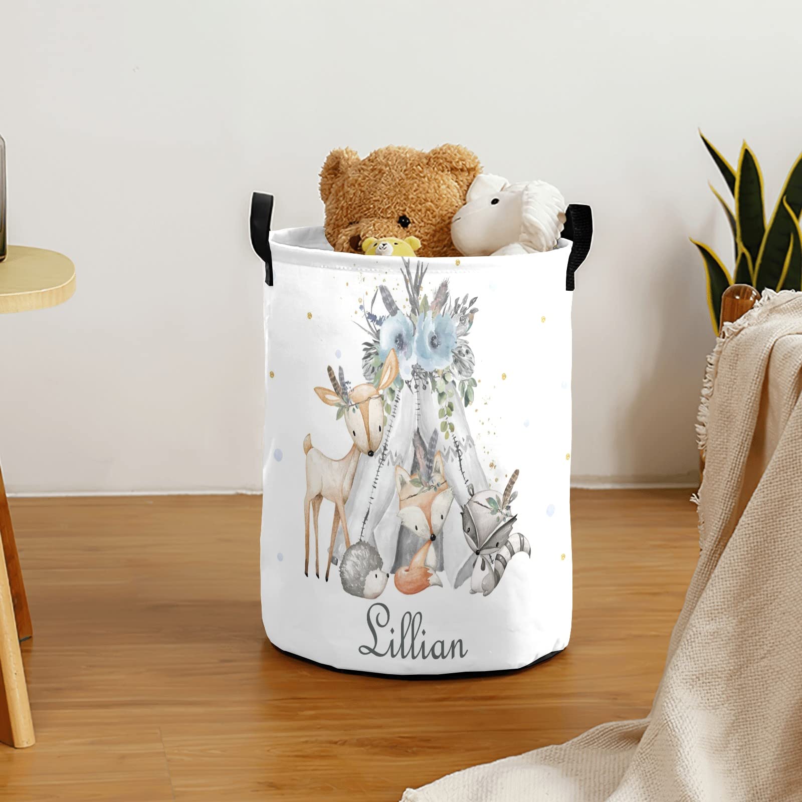 Personalized Woodland Animals Blue Laundry Basket with Handles - Waterproof Collapsible Clothes Hamper for Boys, Large Capacity Storage Organizer for Bedroom & Bathroom Decor | Perfect for Kids' Room, Nursery, and Dorm Organization