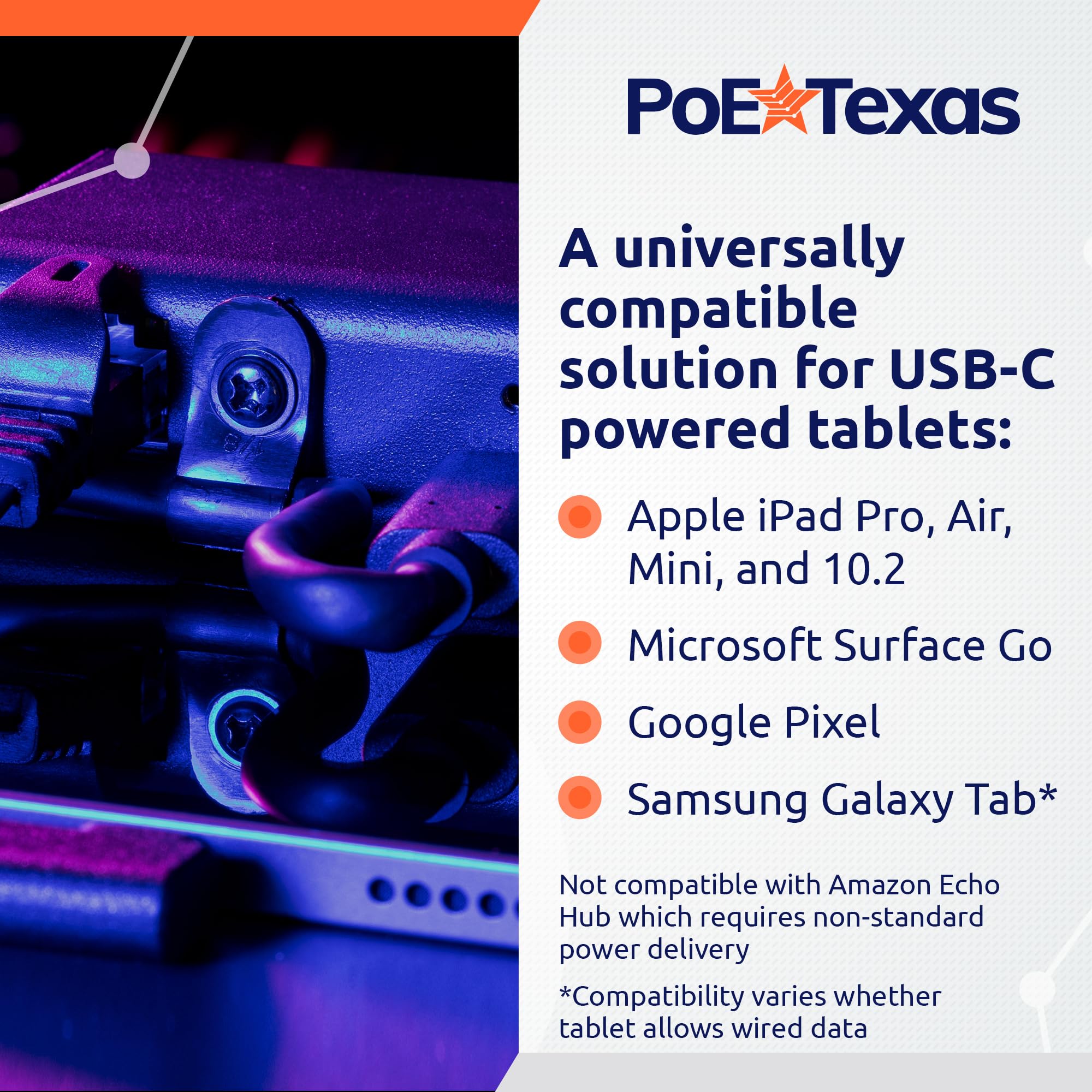 PoE Texas Gigabit PoE+ to USB-C 3.0 Adapter - 802.3at Power Over Ethernet Converter for 25W Tablets - Compatible with iPad Pro 12.9, Surface Go, Galaxy Tab - Ideal for POS Systems, Digital Kiosks, Retail Displays & Office Workstations