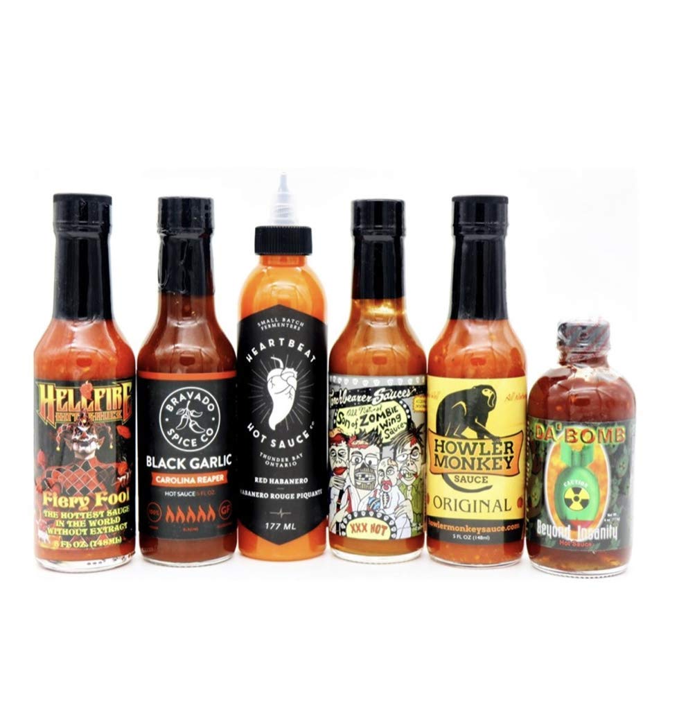 Hot Sauce Collection - Da Bomb, Heartbeat Red Habanero, Son Of Zombie, Bravado Black Garlic, Howler Monkey, Hellfire Fiery Fool - Perfect for Spicy Food Lovers & BBQ Seasoning