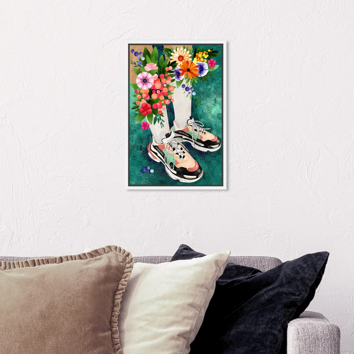 Stylish Floral Sneakers & Socks Set with Modern Green Canvas Wall Art - Perfect for Bedroom Decor and Casual Outfits