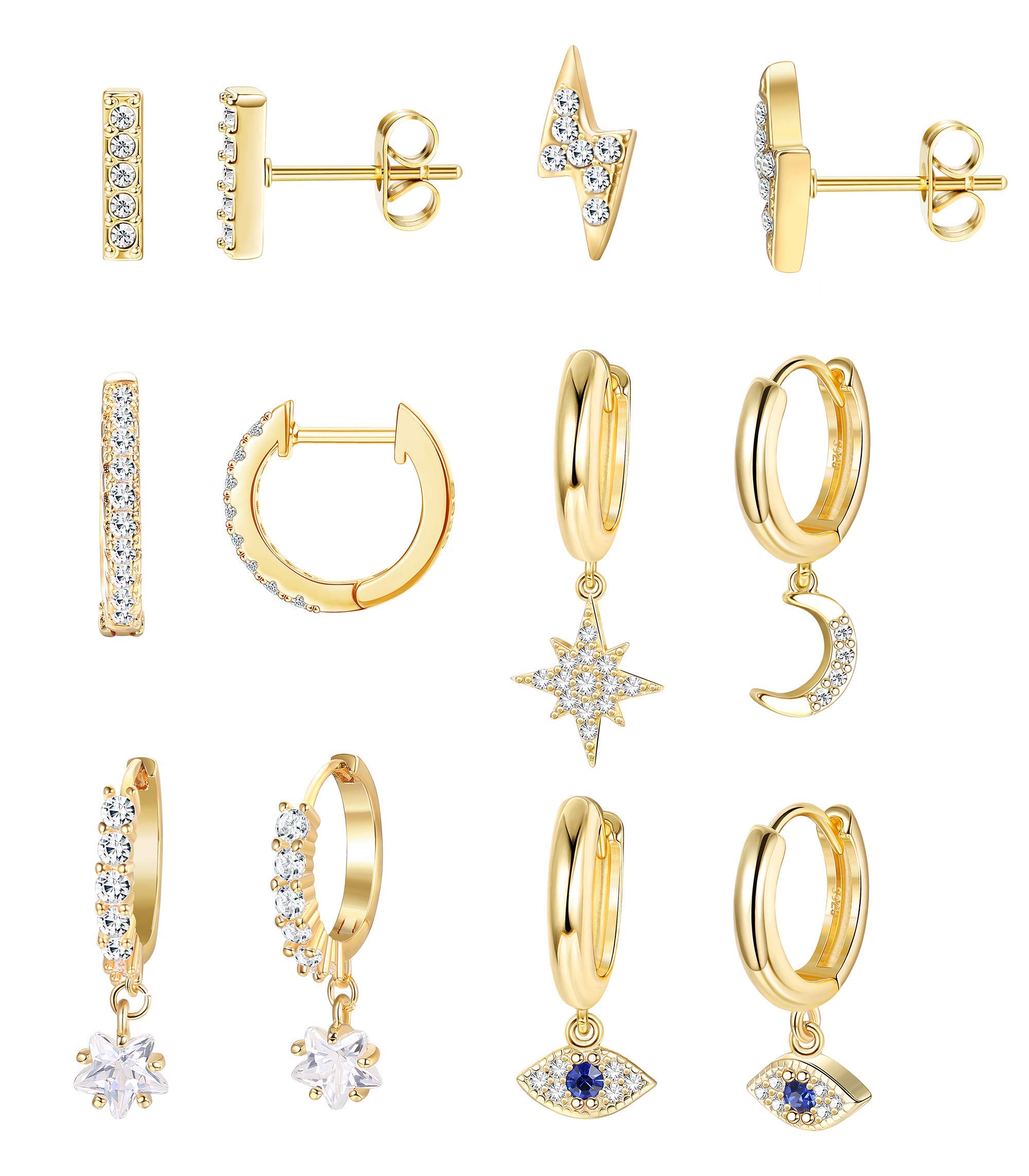6 Pairs Small Evil Eye Moon Star Dangle Hoop Earrings for Women - Silver & Rose Gold CZ Drop Huggie Earrings Jewelry Set | Perfect for Everyday Wear, Parties & Gifts