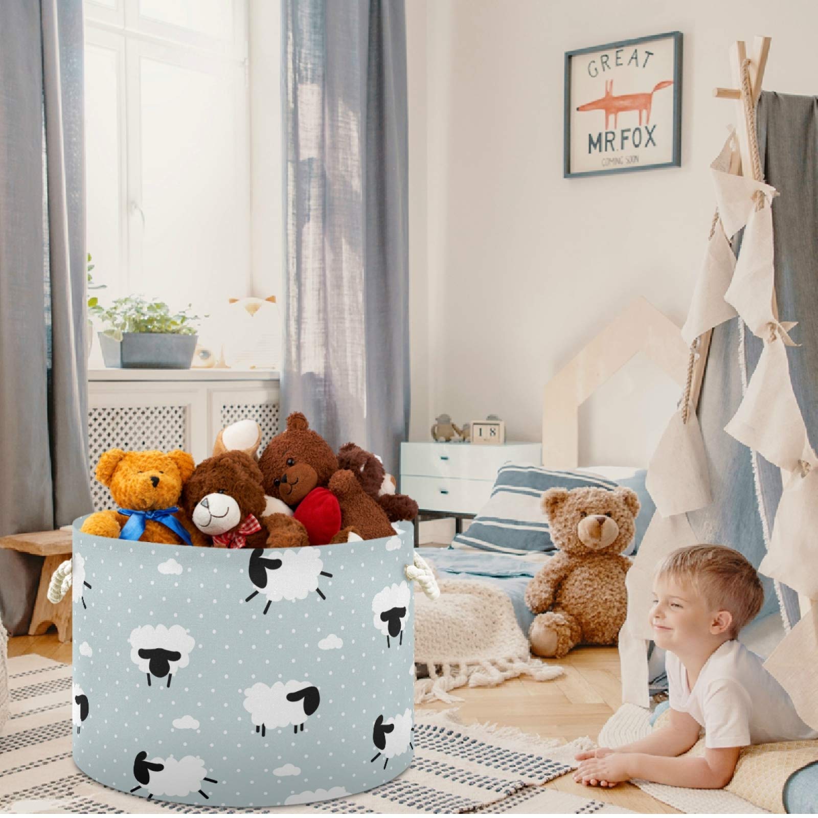 Visesunny Large Collapsible Storage Basket - Cute White Sheep Design with Durable Cotton Handles, Home Organization Bin for Toys, Laundry, Clothes | Perfect for Bedroom, Closet, Office & Nursery Storage Solutions