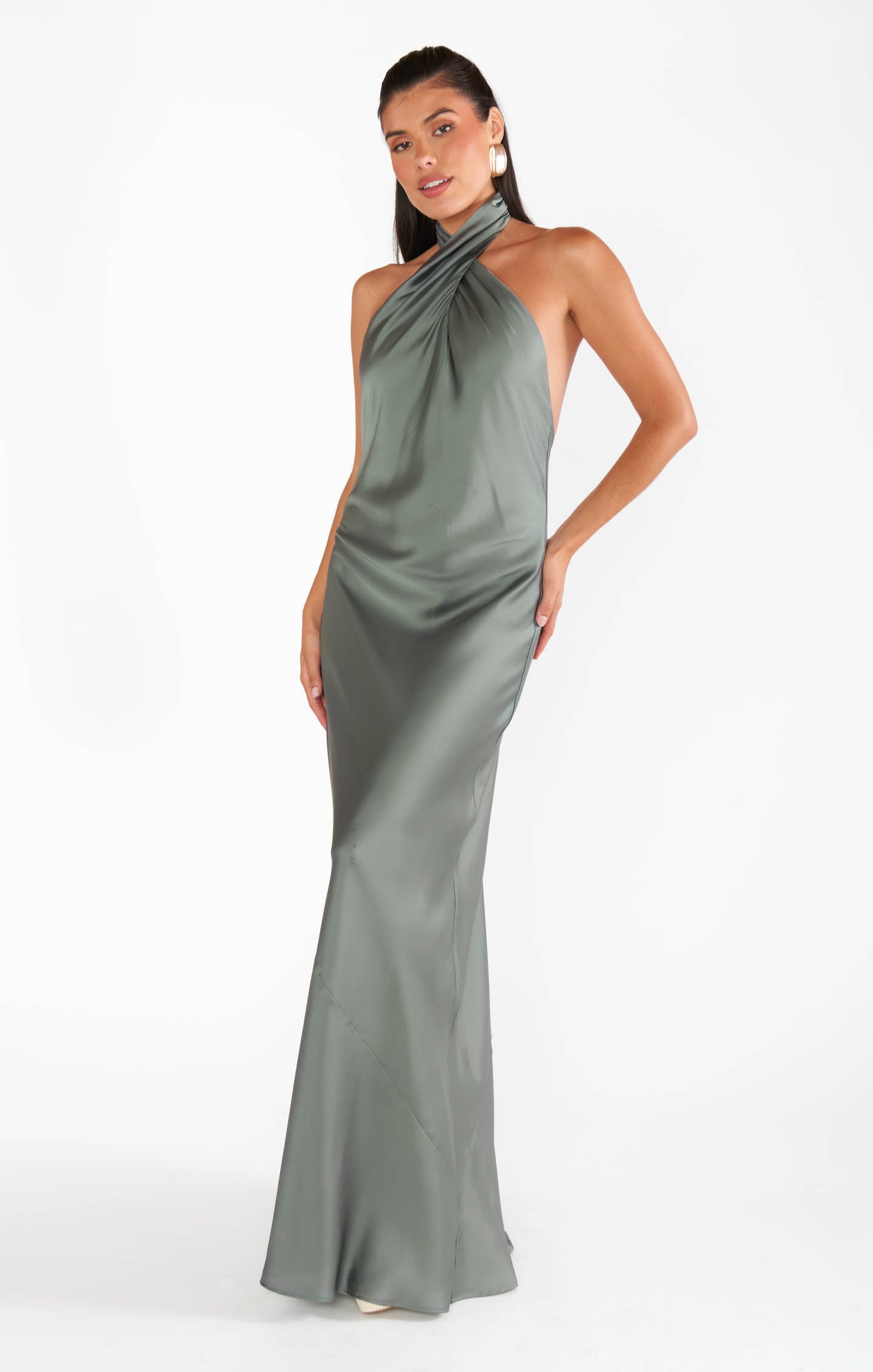 Luxury Deep Sage Satin Jasmine Halter Maxi Dress - Elegant Formal & Summer Wedding Guest Dress for Women