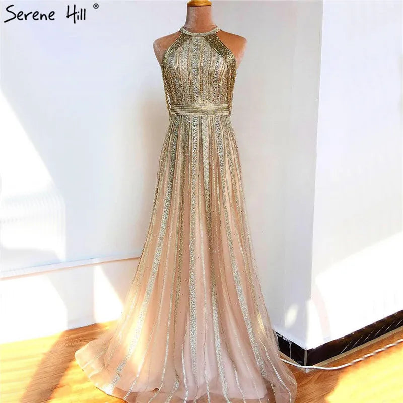 Luxury Dubai Arabic A-Line Gold Beaded Tassel Evening Dress for Women - Elegant Formal Gown for Wedding, Party & Special Occasions - Serene Hill Collection 2025 LA70357 | Perfect for Red Carpet Events, Galas & Bridal Showers