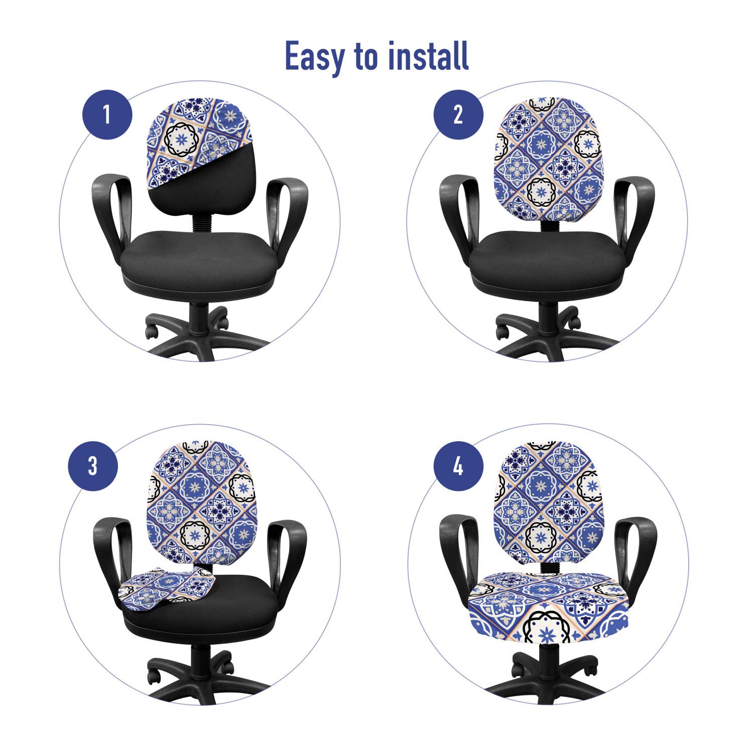 Ambesonne Moroccan Office Chair Slipcover - Geometric Tile Squares Azulejo Design Stretch Fabric Cover - Standard Size Washable Chair Cover in Violet Blue Black & Cream - Perfect for Home Office, Study Room & Workspace Decor