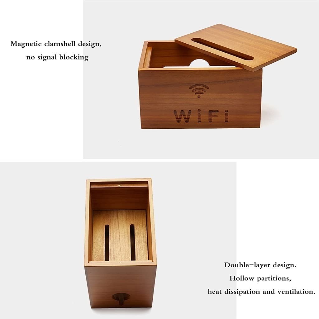 Wooden WiFi Router Storage Box with Power Strip Management - Desktop Organizer for Wireless Router, Cables & Accessories | Perfect for Home Office, Living Room & Bedroom Organization