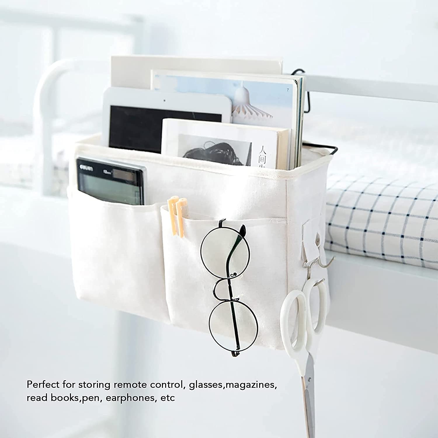 Bedside Storage Pocket Organizer - Hanging Bedside Organizer with Hook for Home, Office, School, Dorm & Bedroom - White & Grey - Perfect for Storing Books, Phones & Essentials by Your Bed