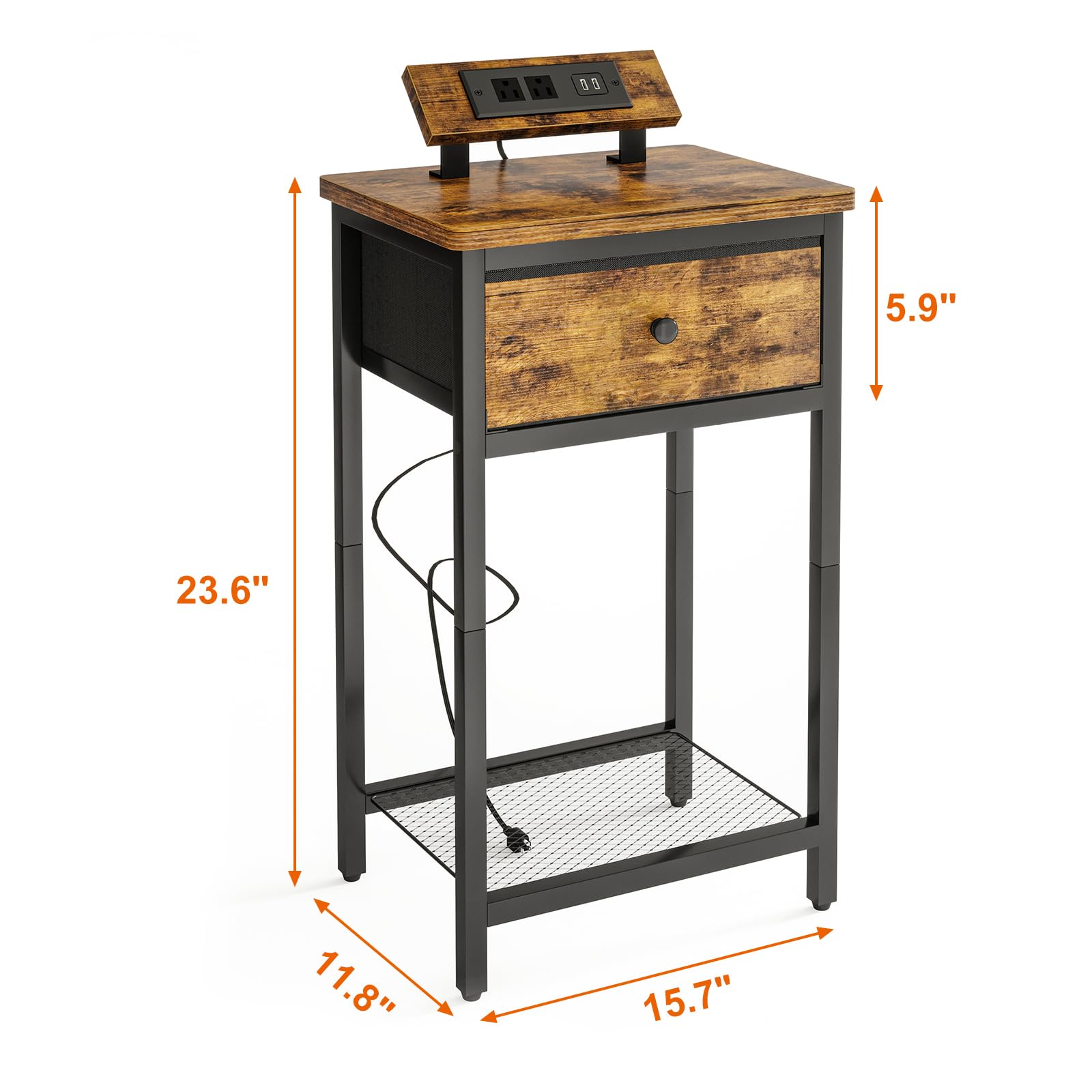 Fixwal Nightstand Set of 2 with Charging Station - USB Ports & Outlets, Rustic Brown Bedside End Tables with Fabric Drawer for Bedroom - Perfect for Small Spaces, Apartment Living & Guest Rooms