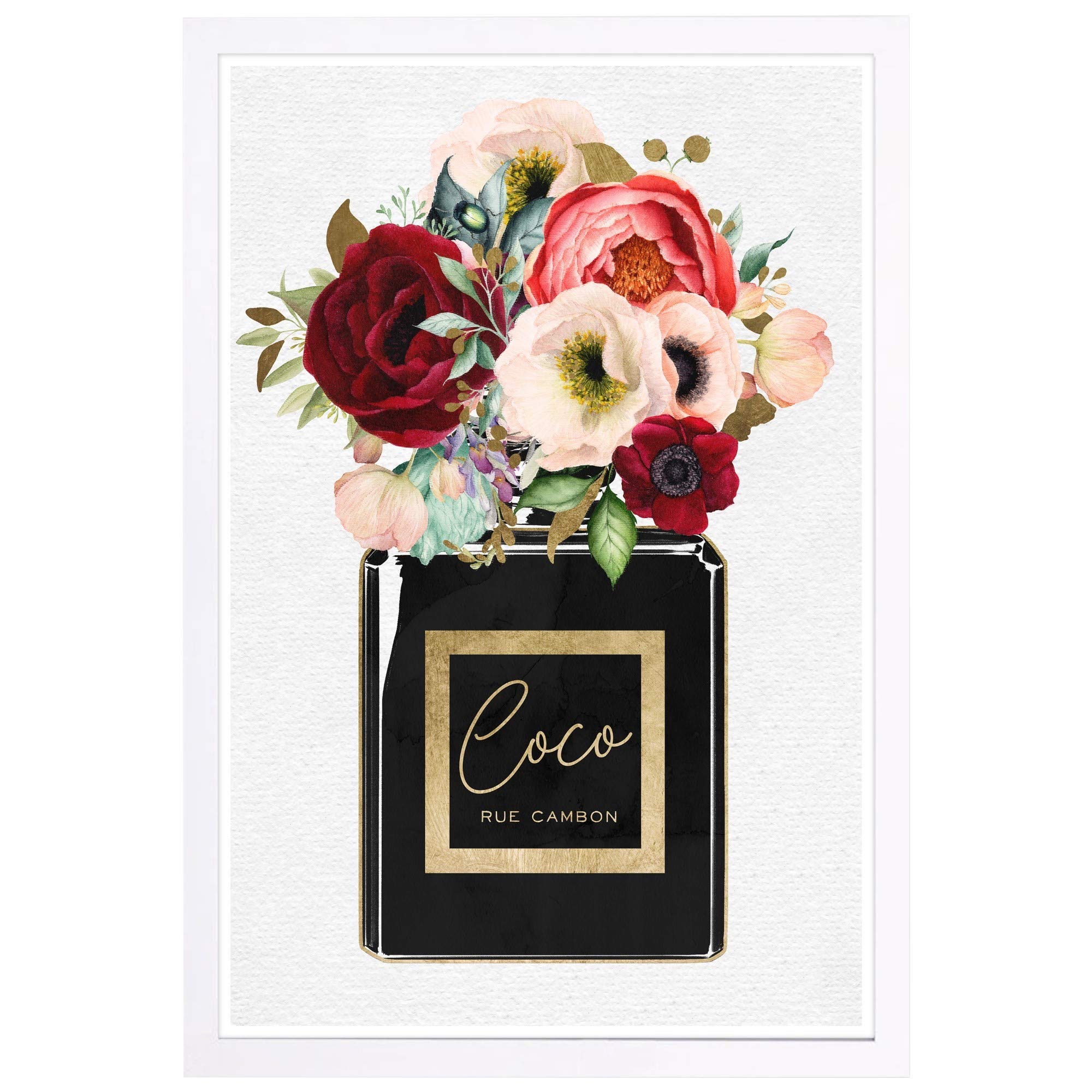 Floral Perfume Framed Wall Art Print - 13x19 Inches Gold & Black Home Decor by Wynwood Studio | Perfect for Living Room, Bedroom & Office Décor