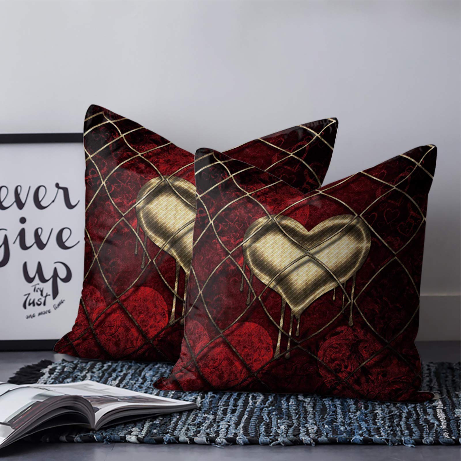 Libaoge 20x20 Inch Throw Pillow Covers Set of 2 - Soft Square Decorative Cushion Covers with Red Golden Love Heart Design for Sofa, Couch, Bedroom, Nursery | Valentine's Day Gift, Home Decor, Living Room Accent