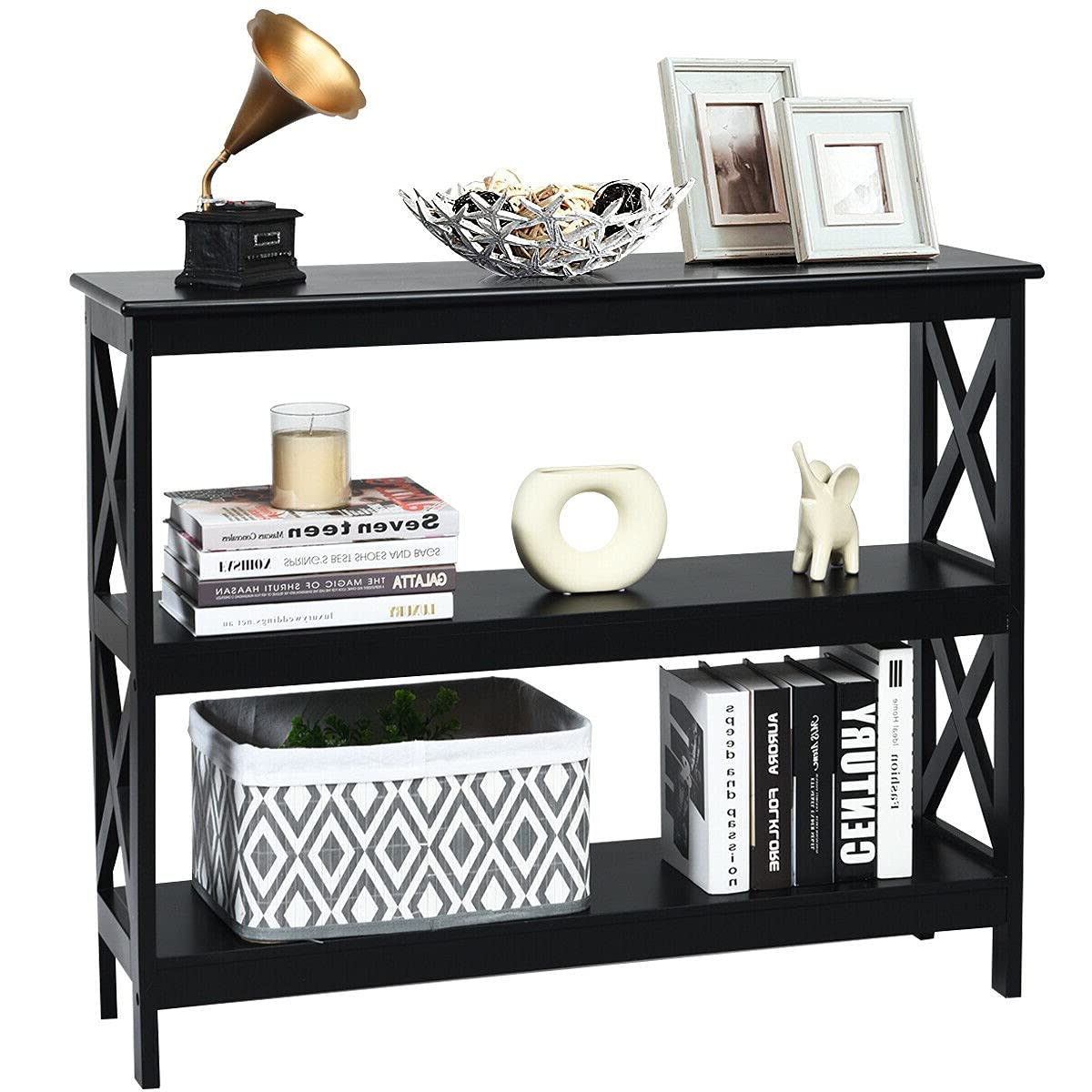 3-Tier Black Entryway Console Table - Hallway Sofa Side Table, TV Stand, Bookshelf for Books, Photo Frames & Plants | Multi-Functional Accent Table for Phone Chargers, Remotes & Keys | Perfect for Living Room, Bedroom & Office Decor