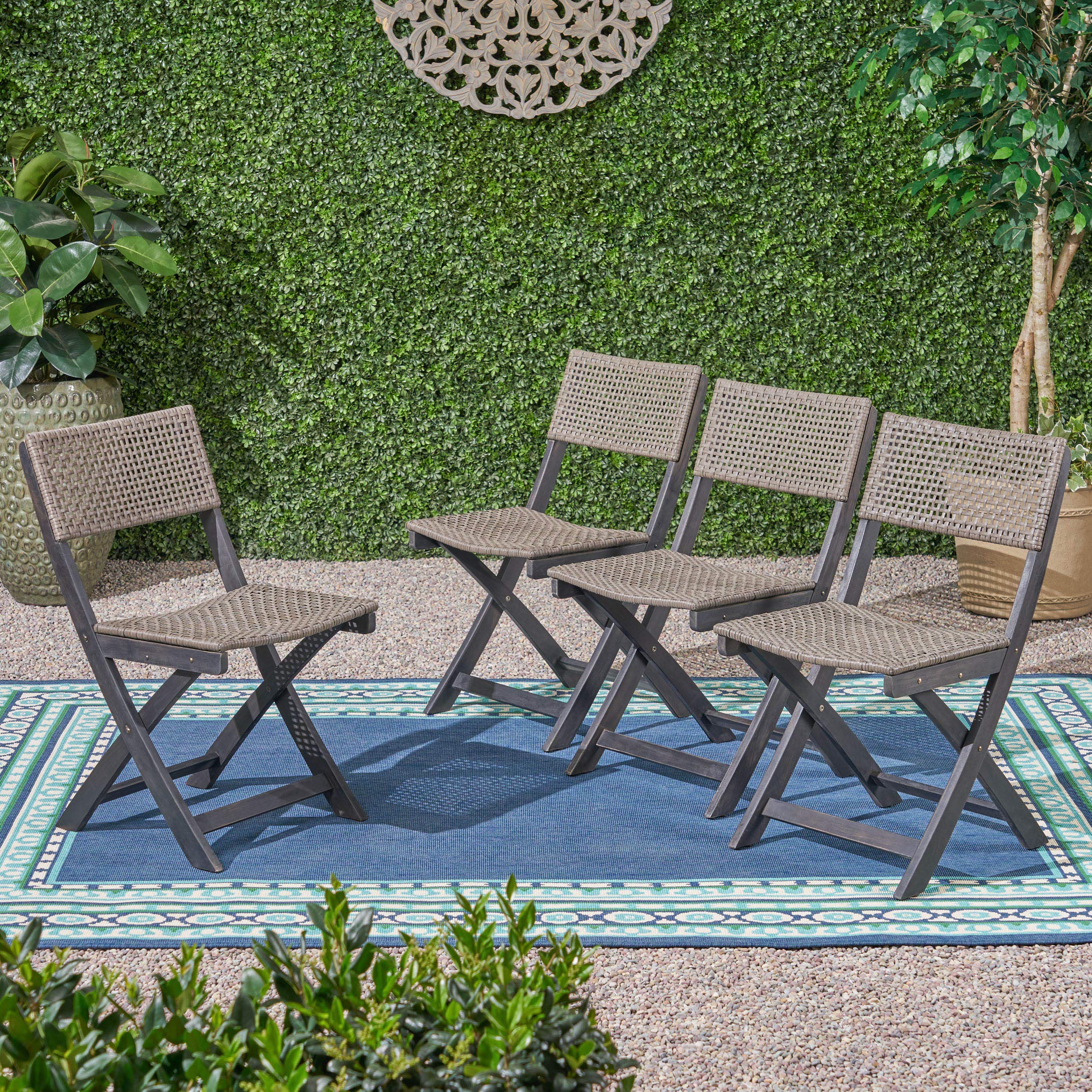 Premium Outdoor Acacia Wood Foldable Bistro Chairs with Wicker Seating (Set of 4) - Dark Gray Finish & Brown Wicker - Perfect for Patio, Garden, Cafe, and Restaurant Dining