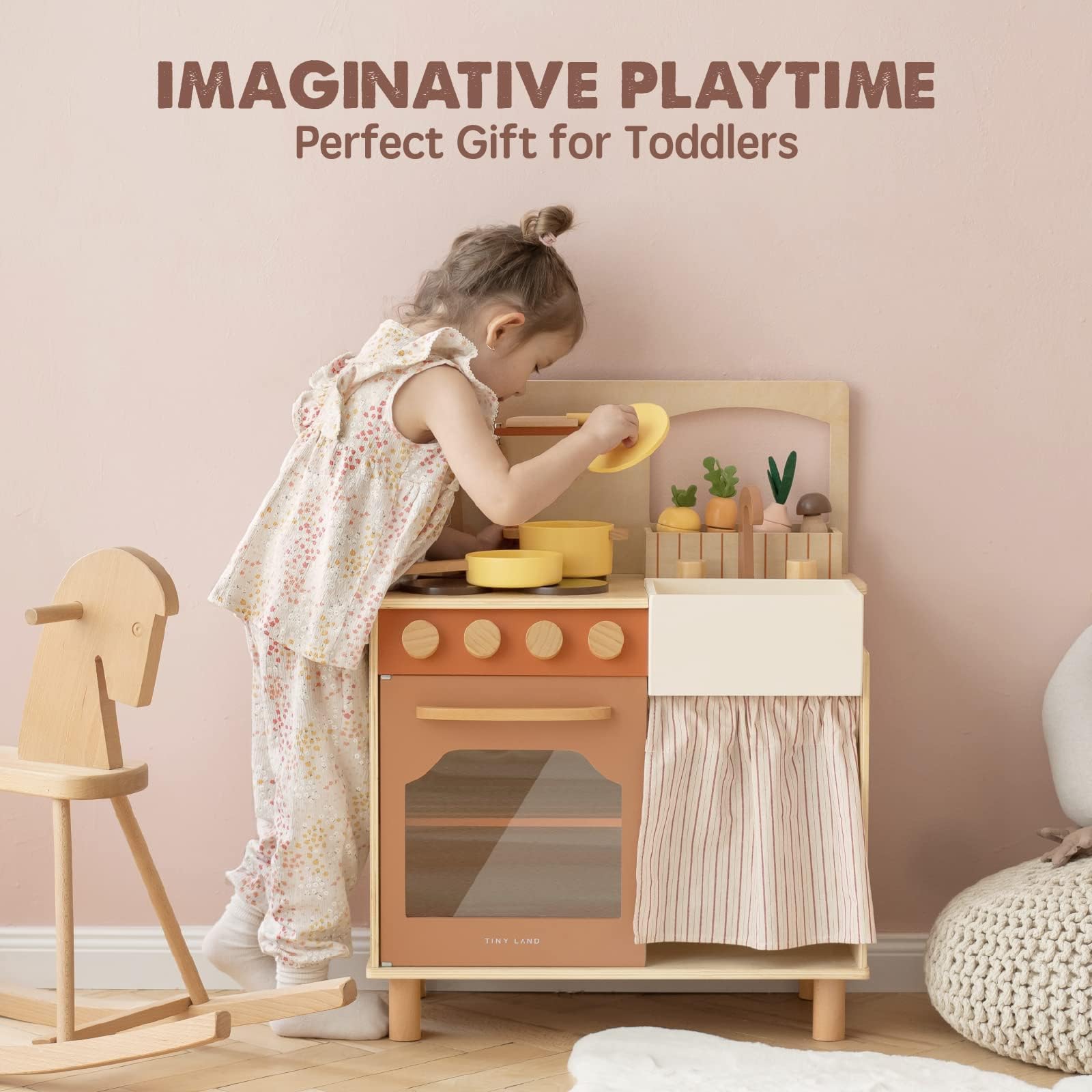 Tiny Land Wooden Play Kitchen Set for Toddlers - Farm Style Toy Kitchen with Cutting Food Playset - Best Educational Gift for Girls & Boys - Perfect for Pretend Play, Role Playing & Early Learning at Home