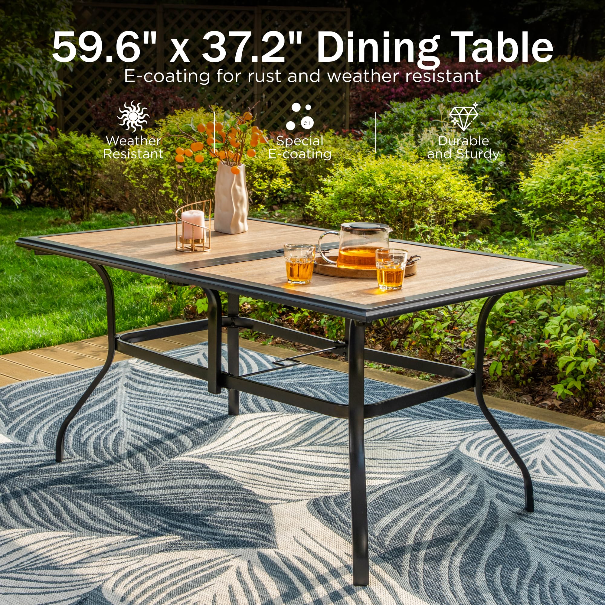 PHI VILLA 7-Piece Outdoor Dining Set for 6 - 37x60 Inch Rectangle Patio Table with Umbrella Hole & 6 Metal Chairs - Durable Garden Furniture for Backyard, Deck, Poolside & Outdoor Entertaining