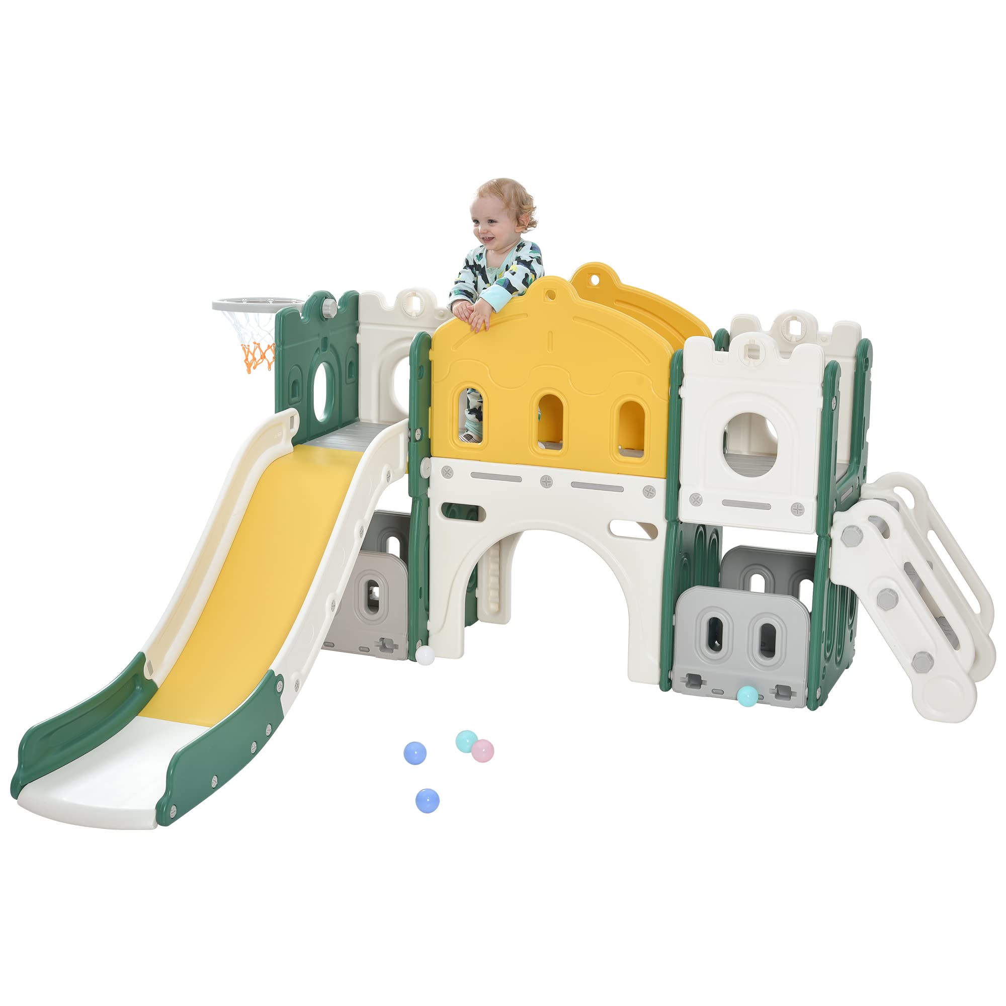 Veemuaro 6-in-1 Toddler Slide Playset with Basketball Hoop, Tunnel & Storage - Indoor/Outdoor Kids Climber Slide for Backyard, Playroom & Preschool Activities