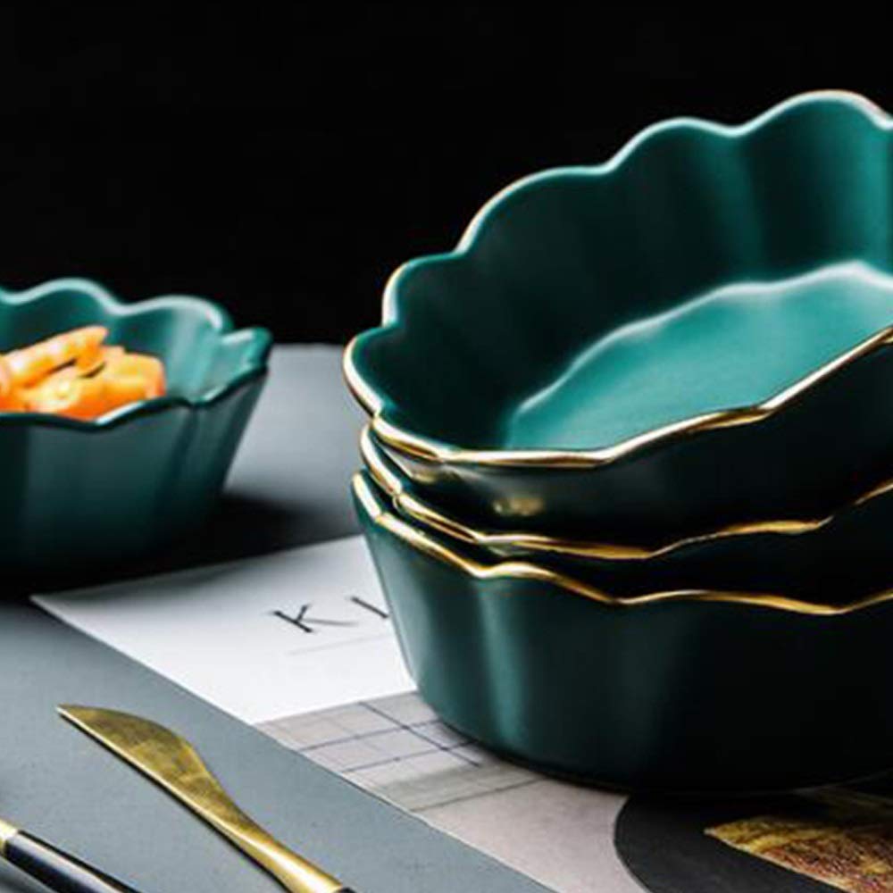 Vintage Phnom Penh Green Ceramic Bowls - Set of 5 Pieces, Handcrafted Rice Bowls, Salad Bowls, Sauce Dishes for Desserts, Snacks & Asian Cuisine | Elegant Lace-Trimmed Irregular Design for Home Dining & Party Serving