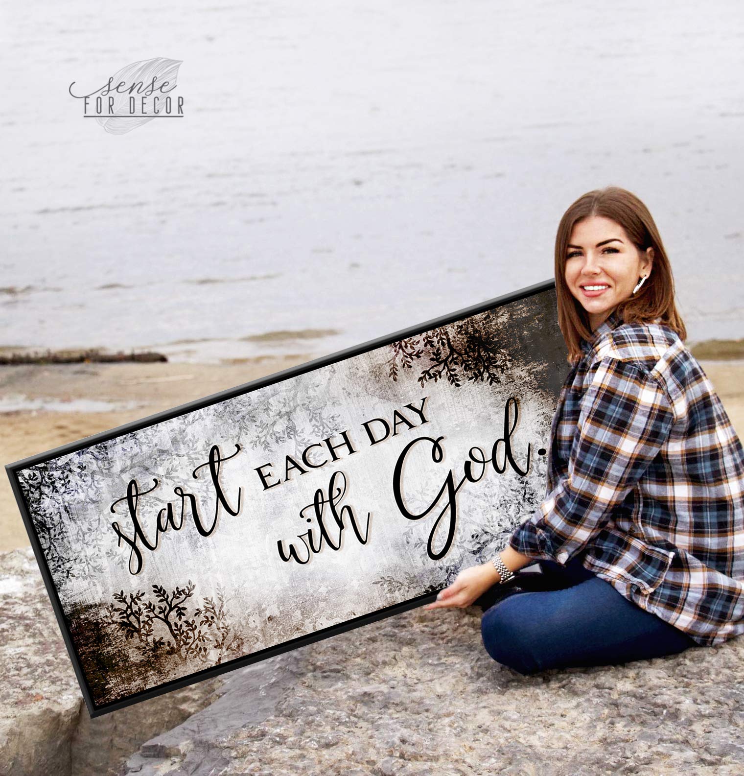Start Each Day With God | Inspirational & Religious Wall Decor | Positive Quotes & Spiritual Room Decor | Brown & Black Floating Frame 42x19 | Perfect for Bedroom, Living Room & Prayer Space