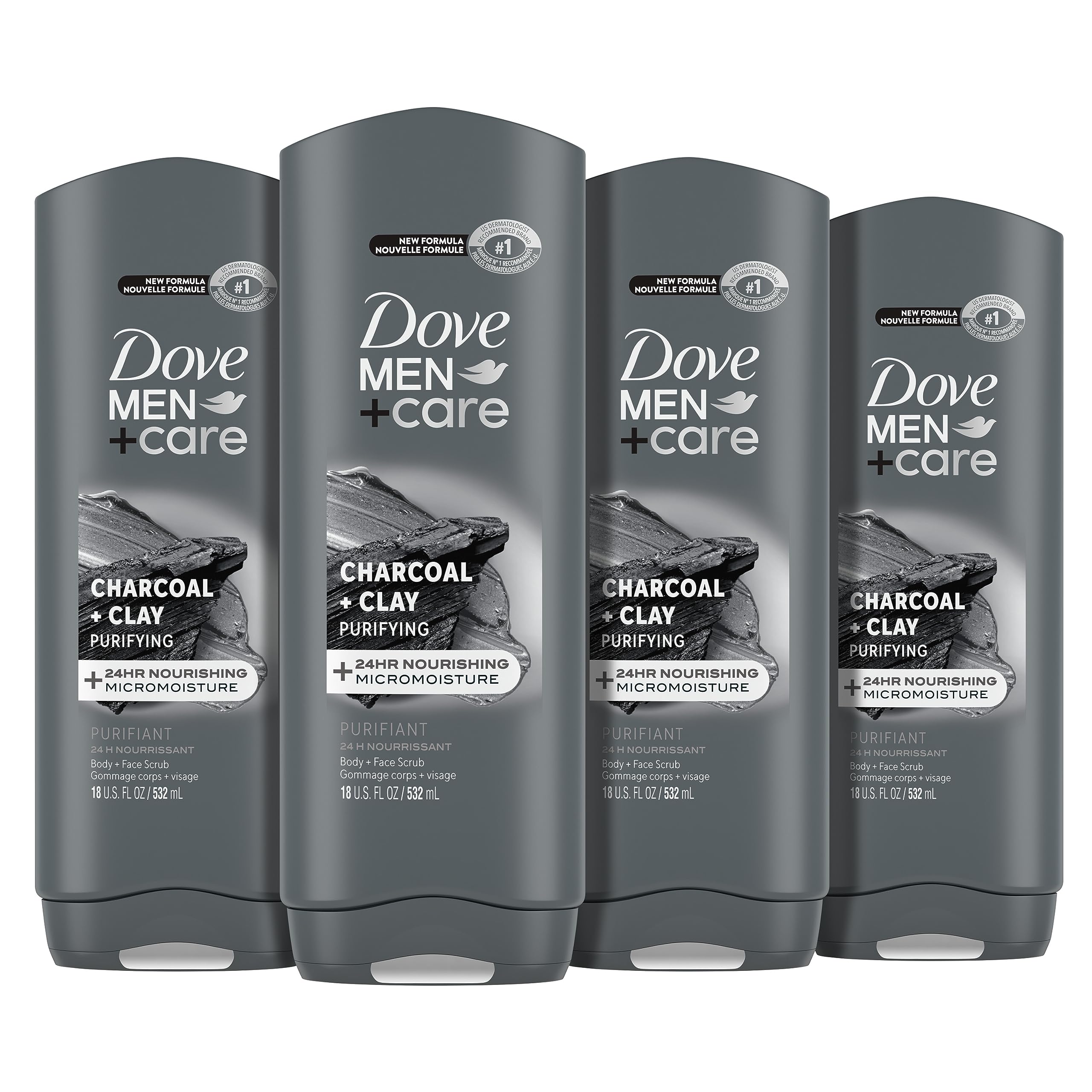 DOVE MEN + CARE Elements Body Wash Charcoal + Clay 4 Count and Clean Comfort 4 Count Body and Face Wash Bundle - 18 oz Men's Skincare Set for Deep Cleansing & Hydration - Perfect for Gym, Travel & Daily Shower Routine
