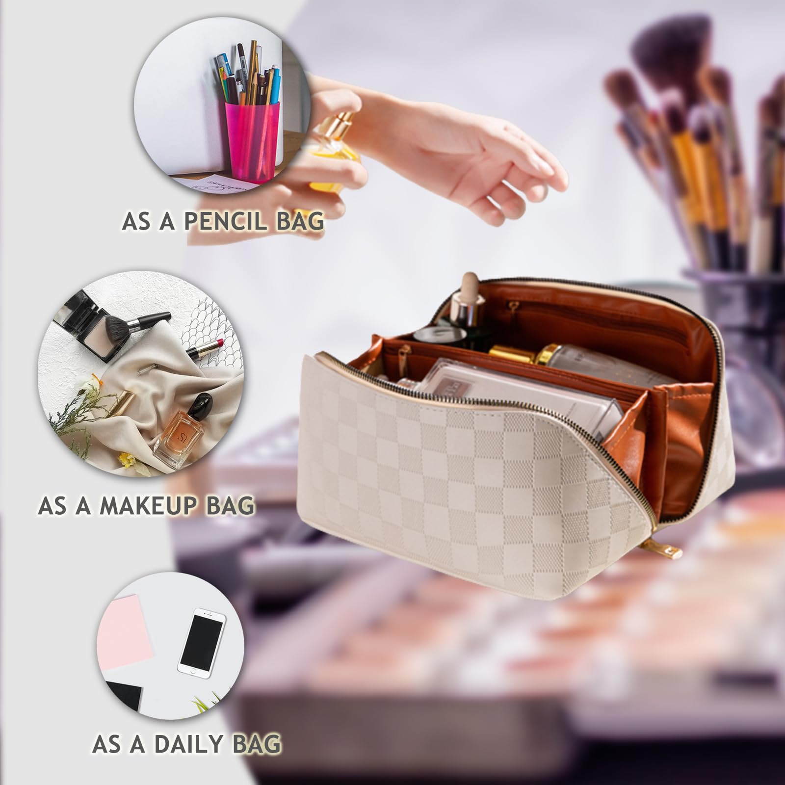 Large Capacity Waterproof PU Leather Travel Cosmetic Bag for Women - Multifunctional Makeup Organizer with Handle, Plaid Checkered Design (Brown) | Perfect for Travel, Gym, and Daily Beauty Storage