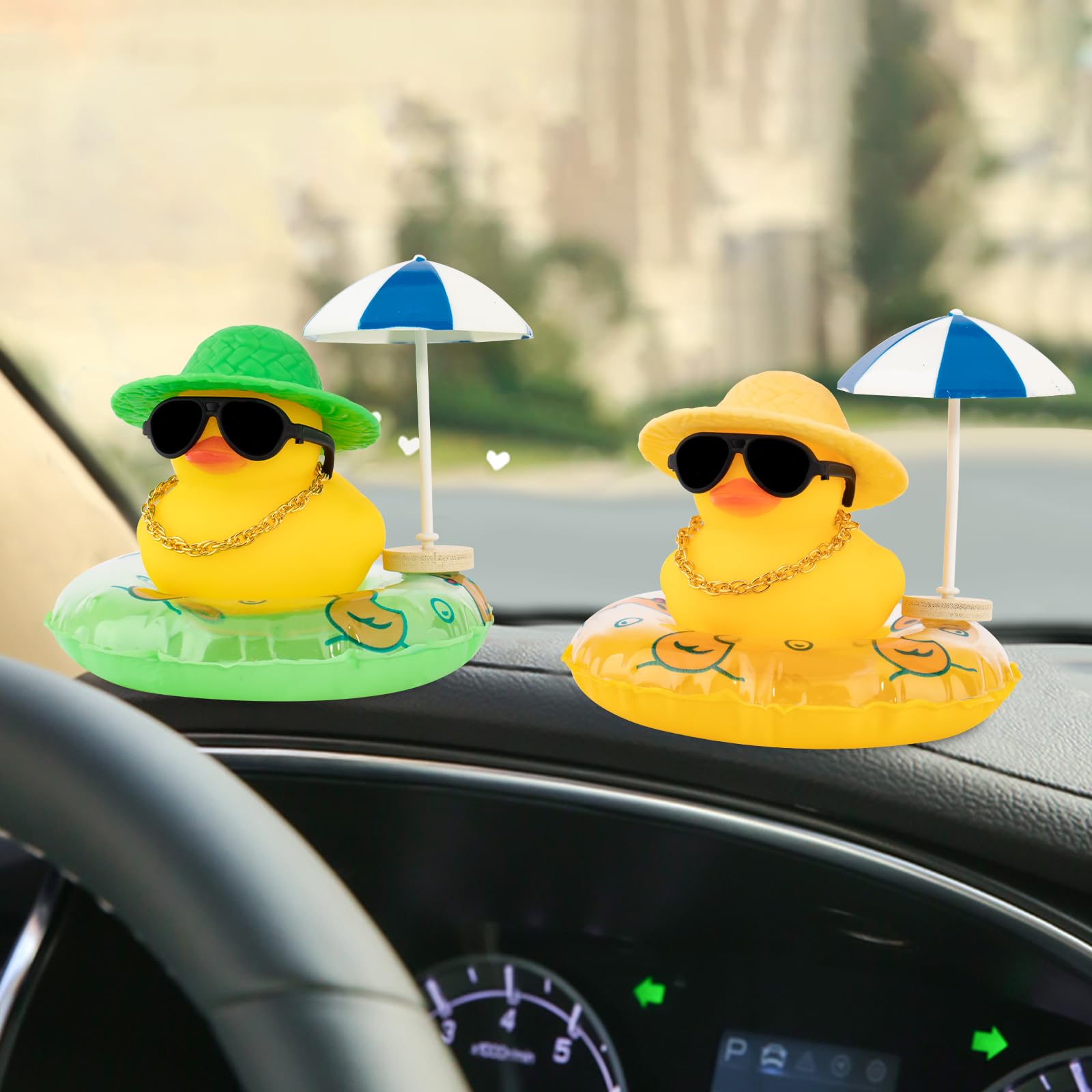 Wonuu Rubber Duck Car Ornaments - Cute Dashboard Decor with Straw Hat, Necklace, Sun Umbrella & Sunglasses - Green Car Accessories for Dashboard Decoration, Gift Idea & Fun Car Interior Styling