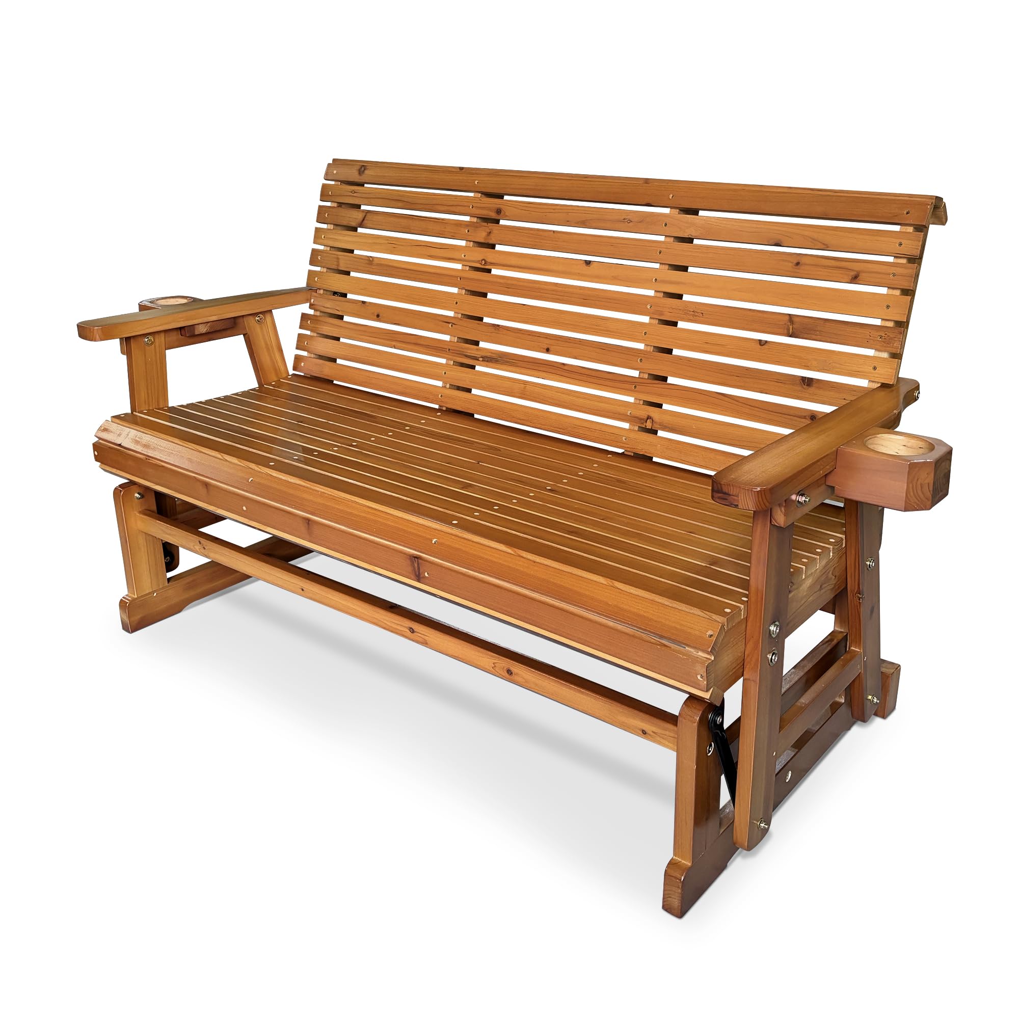 Fortune Candy 3-Seater Patio Glider with Cup Holders - High Roll Back & Deep Contoured Seat - Heavy Duty 800 lb Capacity - 5 Feet Teak Tone Outdoor Furniture - Perfect for Backyard, Garden, Deck or Poolside Relaxation