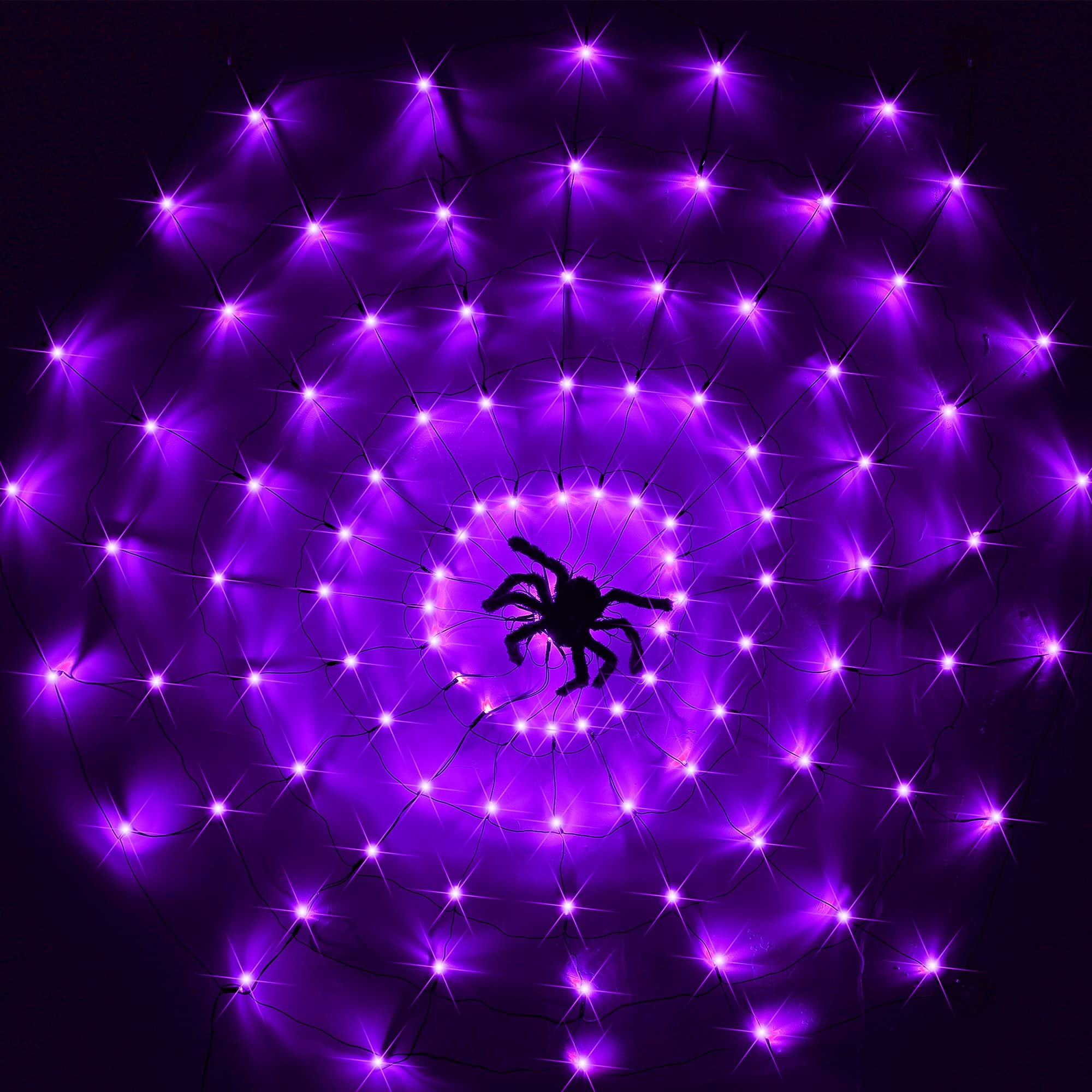 Kemooie 120 LED 4.92FT Giant Spider Web Lights with Hairy Spider & Cobweb - Purple Halloween Decor for Outdoor, Window, Wall, Garden, Patio & Yard | Perfect for Spooky Halloween Party, Haunted House & Nighttime Decorations