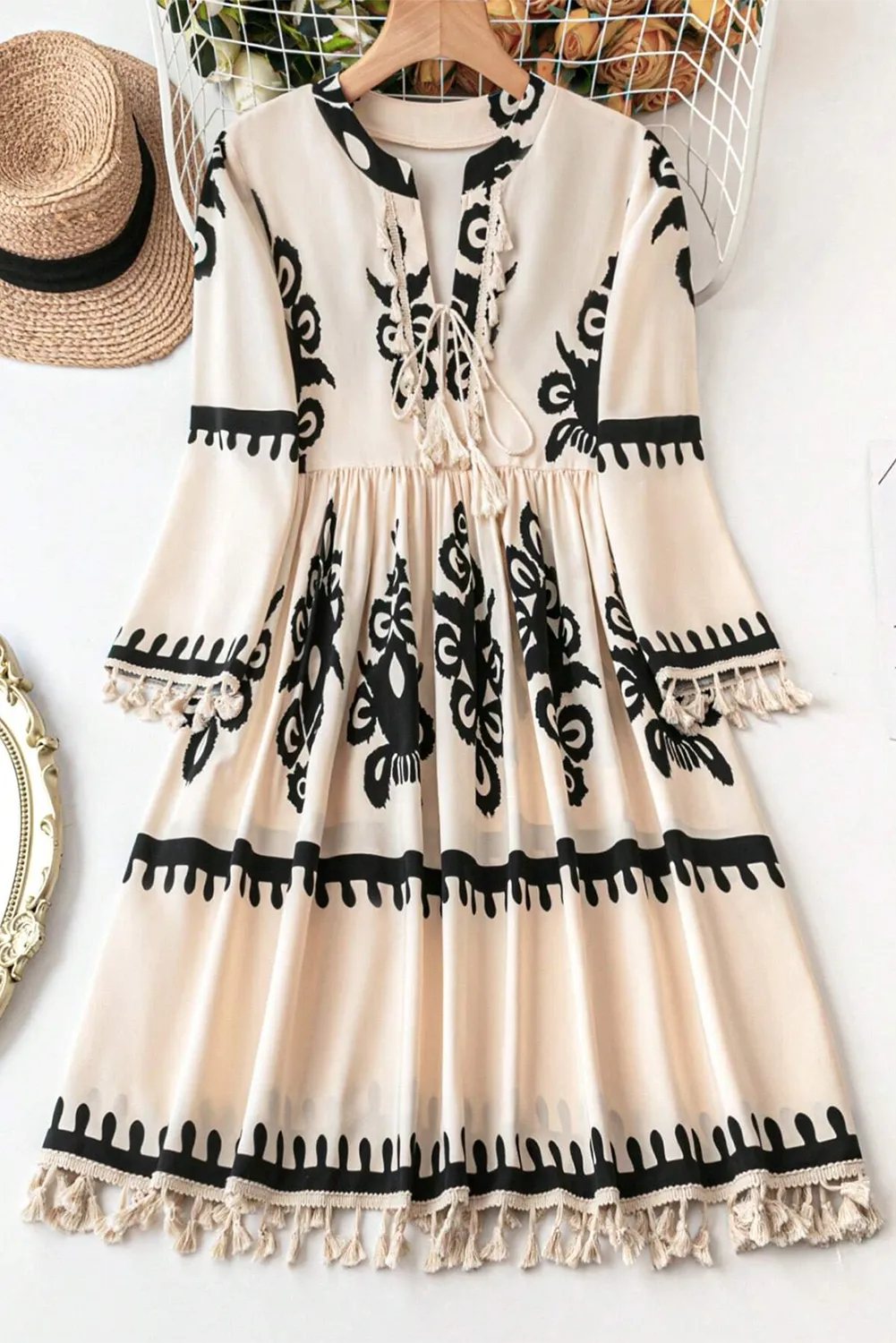 Flowy Tassel Print Short Sleeve Mini Dress for Women - Beach Vacation, Summer Party & Resort Wear
