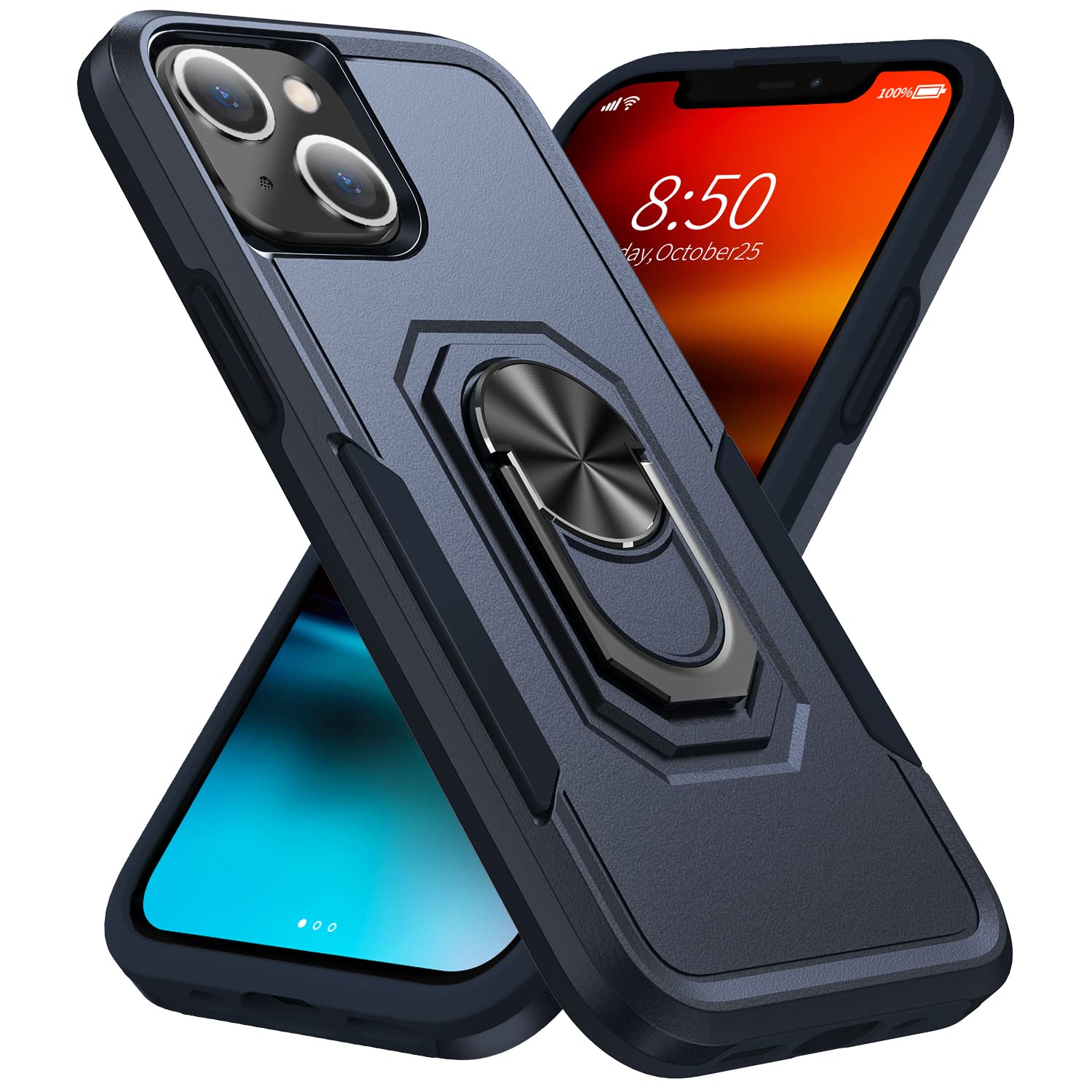 Military-Grade iPhone 13 Mini Case with 360° Protection & Swivel Ring Kickstand | Slim Shockproof Cover Compatible with Magnetic Car Mount | Durable Blue Armor Holster for Everyday Use, Travel & Outdoor Activities