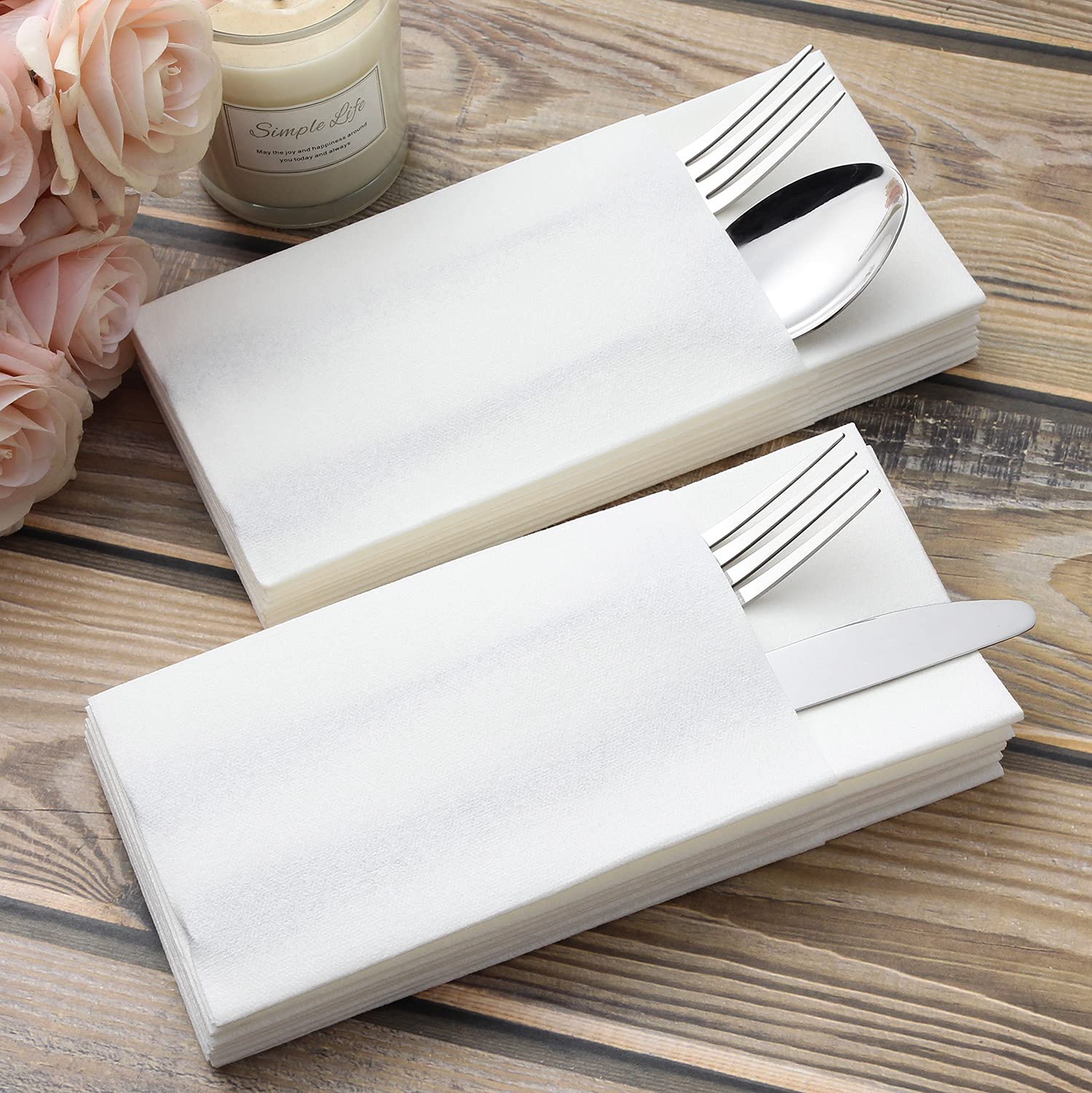 MORGIANA 50 PCS Disposable White Pocket Napkins with Built-in Flatware Pocket - Linen Feel, 1/6 Folded Guest Towels Serviettes for Christmas, Wedding, Party, Dinner & Special Events