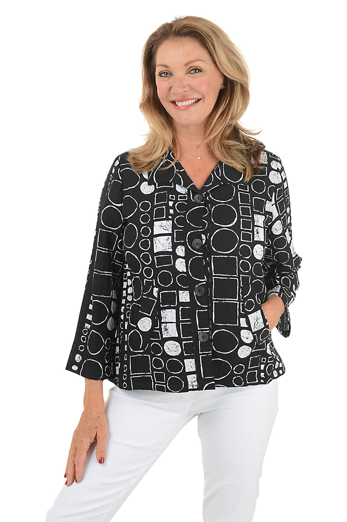Stylish Black Geometric Print Jacket for Women - Trendy Fall Outerwear for Casual Outings & Street Fashion