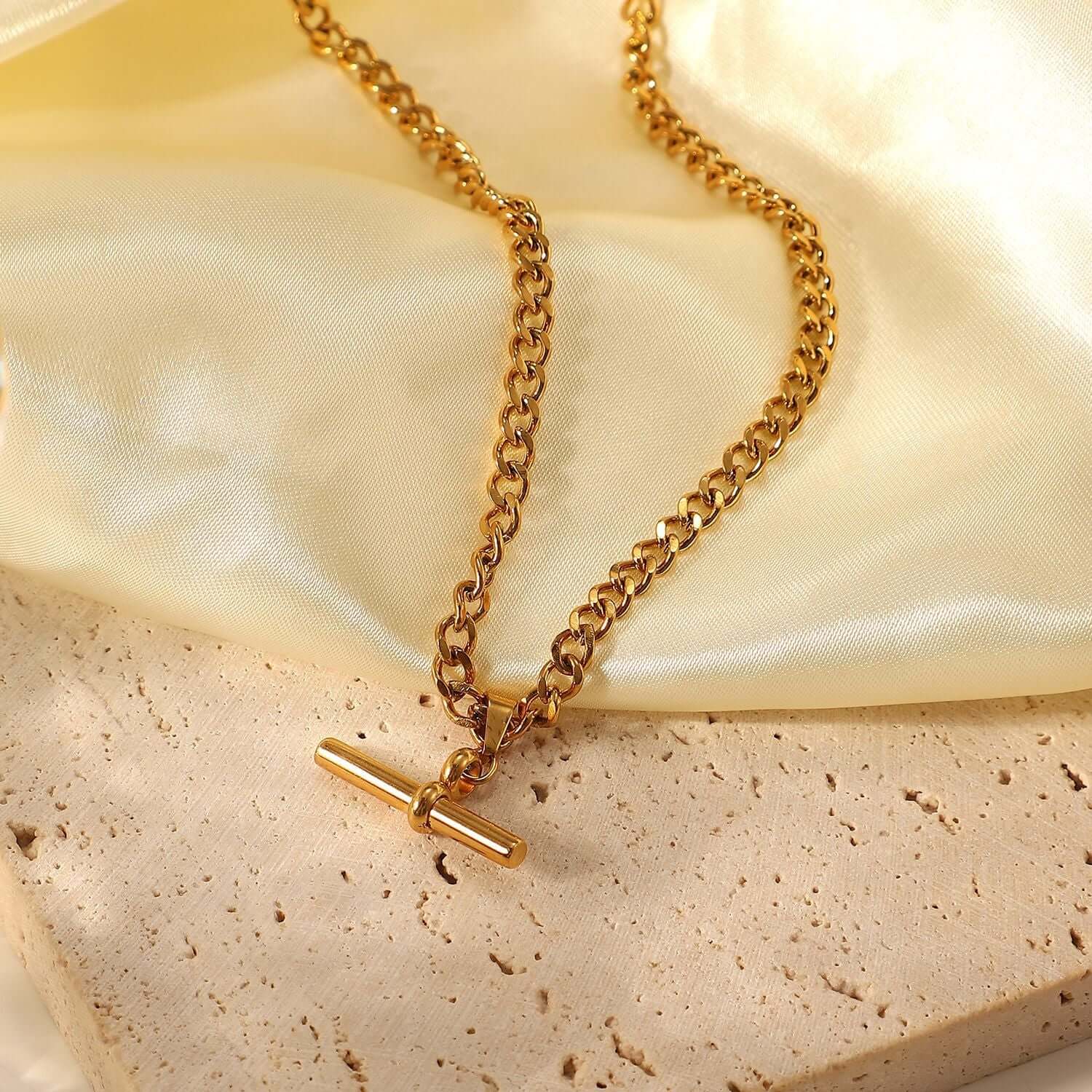18K Gold Plated Figaro & Rope Chain T Bar Pendant Necklace for Women - Elegant Layering Jewelry Gift for Birthday, Anniversary & Valentine's Day | JDN735