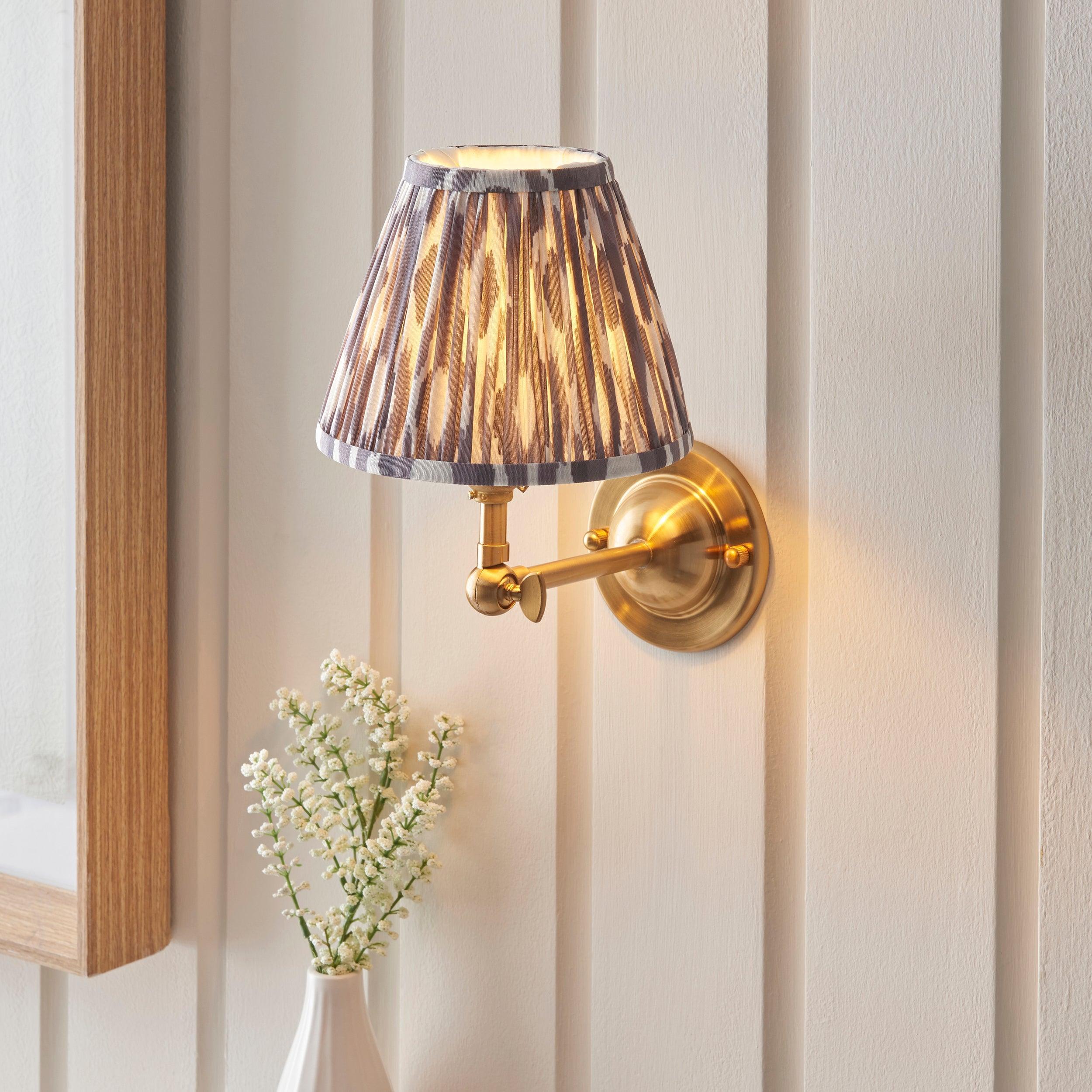 Vintage Dome Wing Brass Wall Light with Ikat 16cm Pearl Grey Shade - Perfect for Bedroom, Living Room, and Hallway Lighting