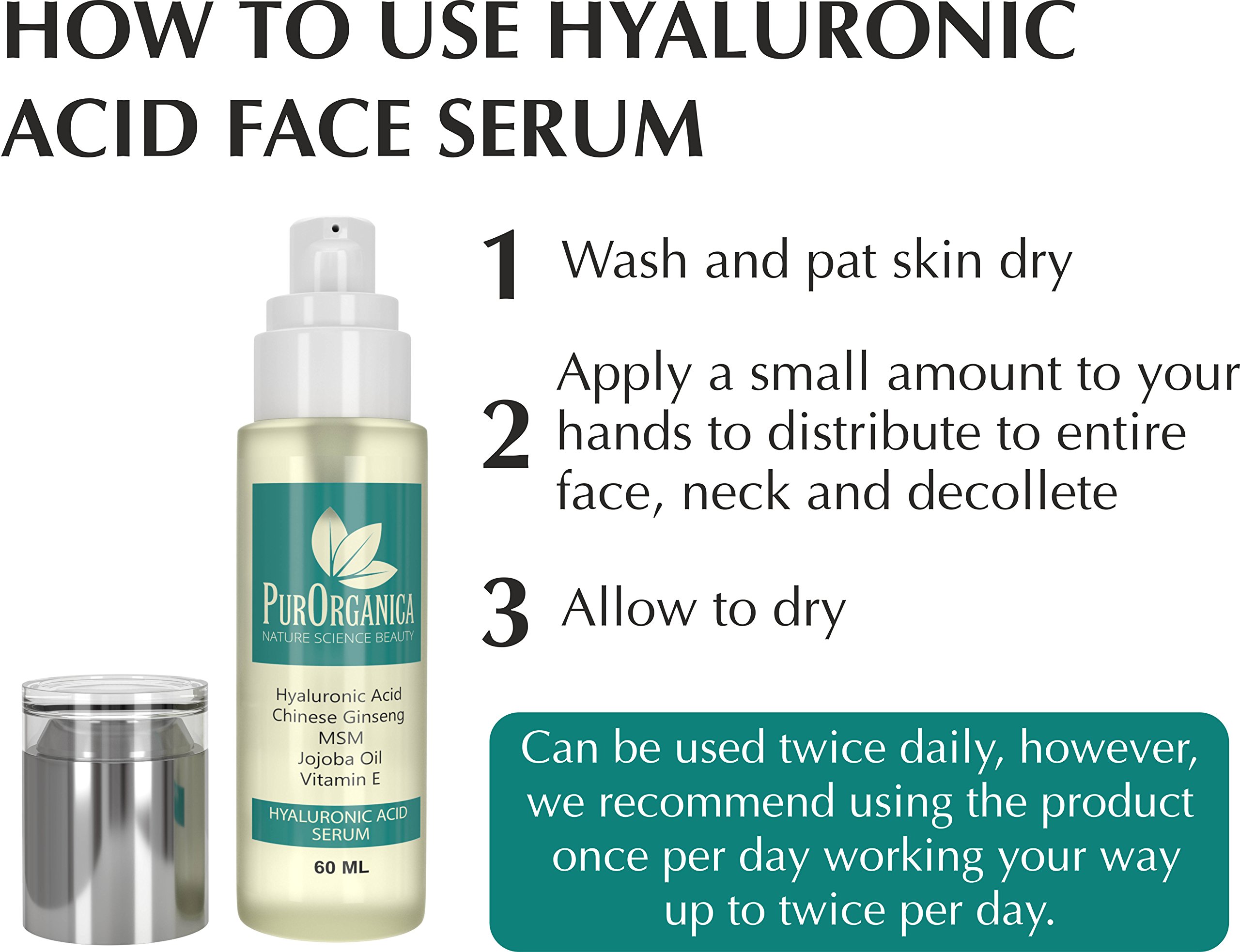 PurOrganica Hyaluronic Acid Face Serum - 60ml Anti-Aging & Anti-Wrinkle Serum for Plumping, Hydrating & Brightening Skin - Organic Formula Reduces Fine Lines & Wrinkles - Money Back Guarantee - Perfect for Daily Skincare Routine & Nighttime Rejuvenation