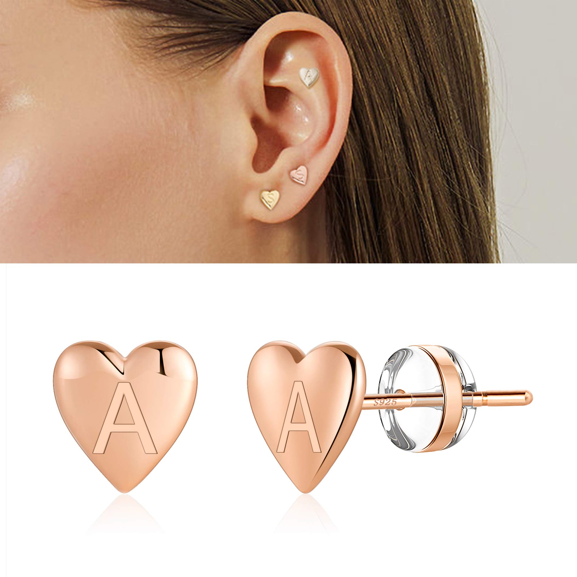Heart Initial Stud Earrings for Women & Girls - 925 Sterling Silver 14K Gold Plated Hypoallergenic Dainty Letter Earrings | Sensitive Skin Safe Jewelry for Everyday Wear, Gifts & Special Occasions