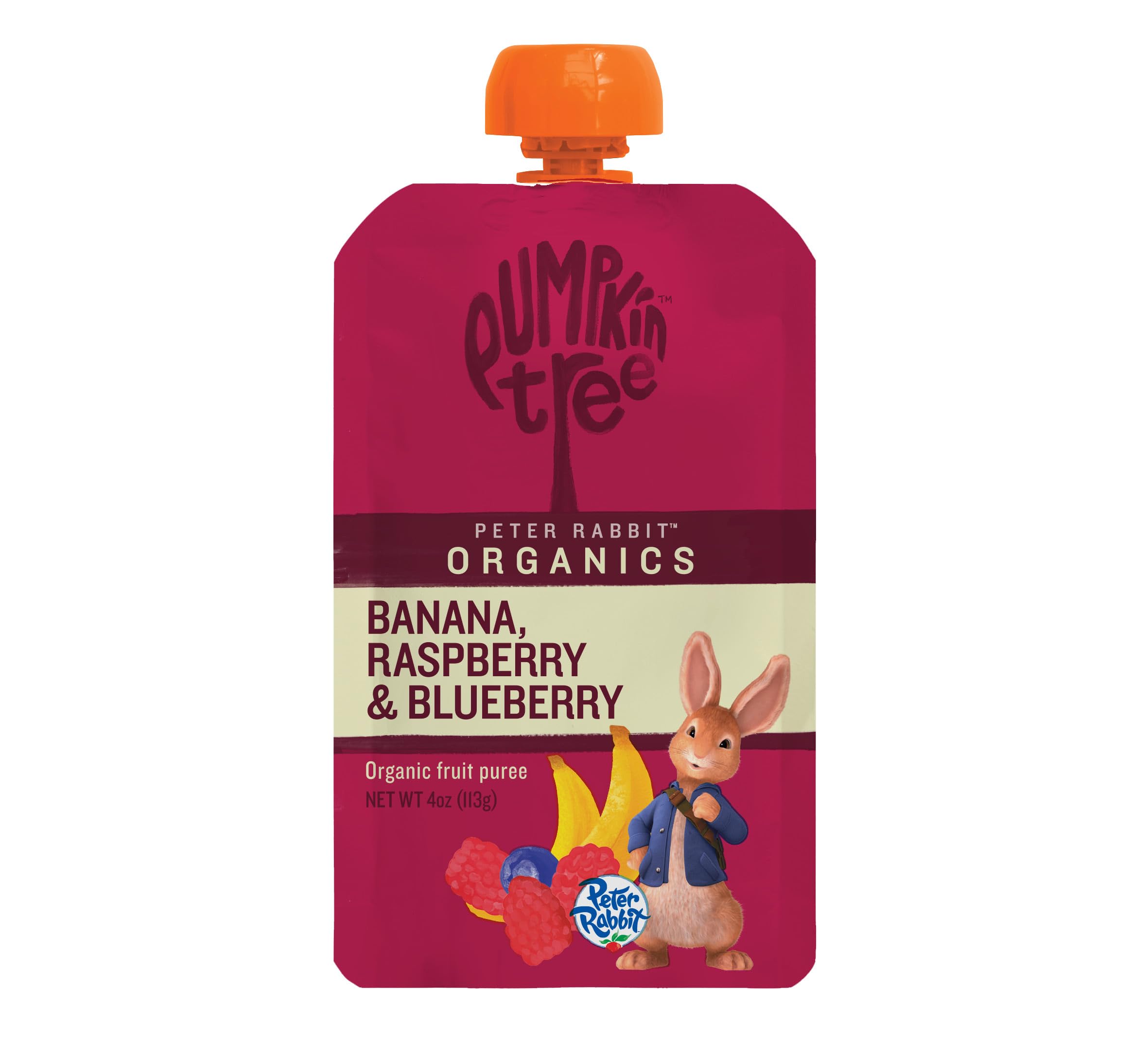 Organic Pumpkin Tree Peter Rabbit Fruit Snacks - 100% Pure Raspberry, Banana & Blueberry Blend, 4oz Squeeze Pouches (Pack of 10) | Healthy Kids Snack for Lunchboxes, Travel & On-the-Go Nutrition