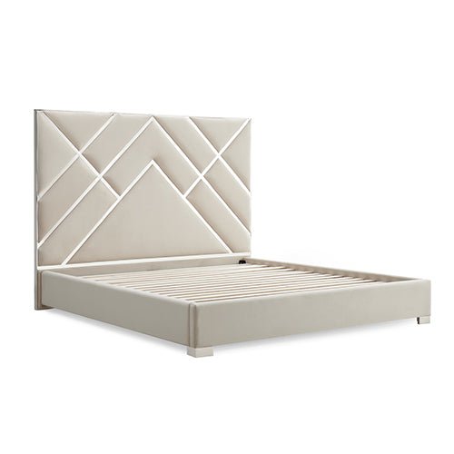 Luxe Matrix Queen Bed Frame - Beige Upholstered Platform Bed with Wooden Slats | Modern Bedroom Furniture for Master Suite, Guest Room & Apartment