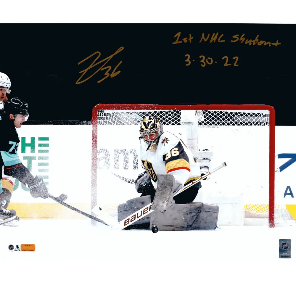Logan Thompson Autographed Vegas Golden Knights 16x20 Photo - First Shutout Game Signed Memorabilia | NHL Collectible for Hockey Fans & Sports Memorabilia Display