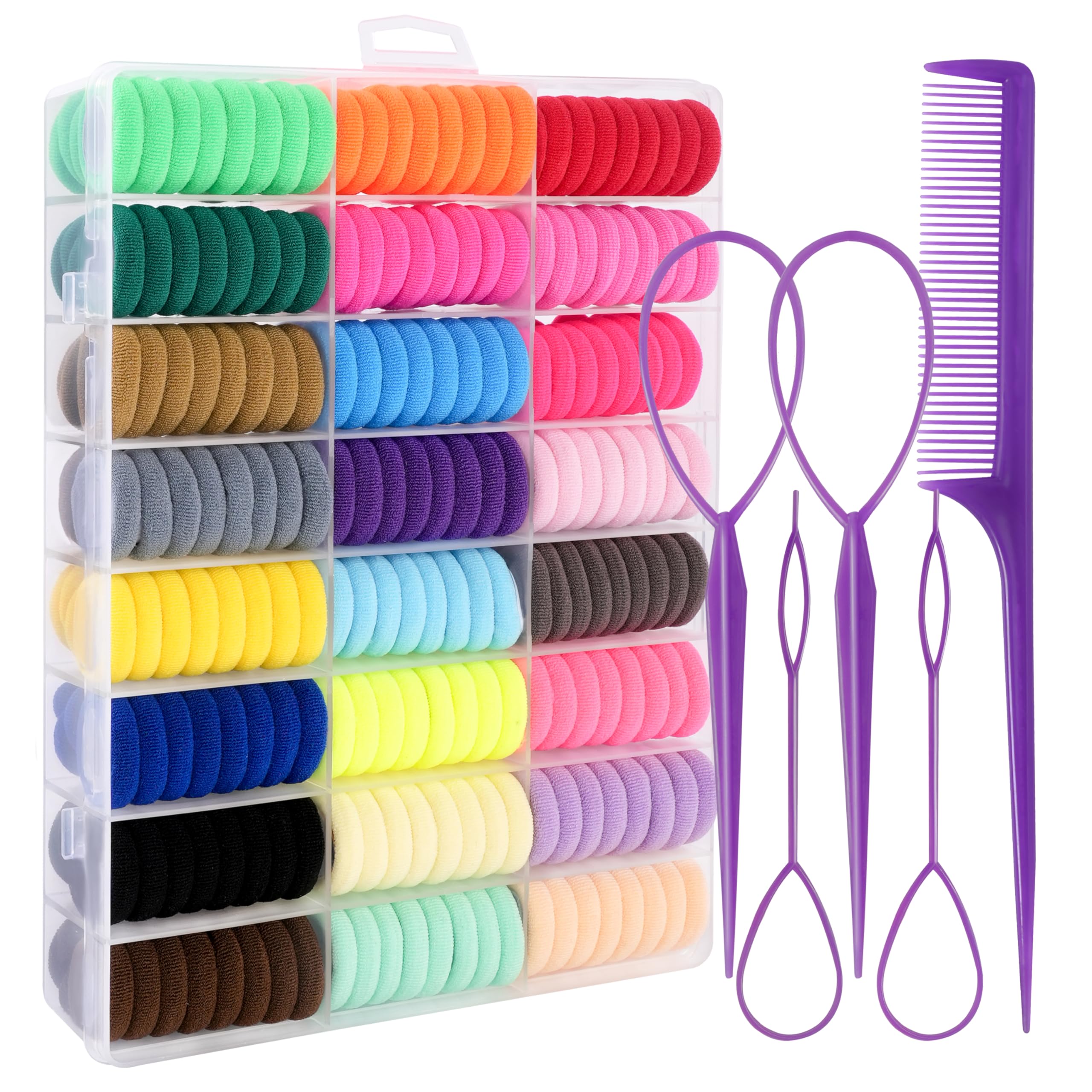 360 Pcs Baby Hair Ties - 24 Colors Soft Cotton Toddler Hair Bands with Organizer Box | 1 Inch Seamless Hair Elastics for Girls | Ponytail Holders & 5 Styling Tools | Perfect for School, Parties & Daily Hairstyles