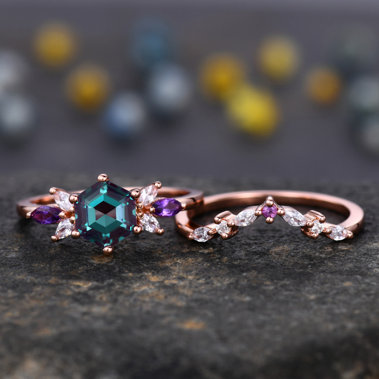 Vintage Alexandrite & Moissanite Engagement Ring Set with Amethyst Matching Band - June Birthstone Jewelry for Weddings & Anniversaries