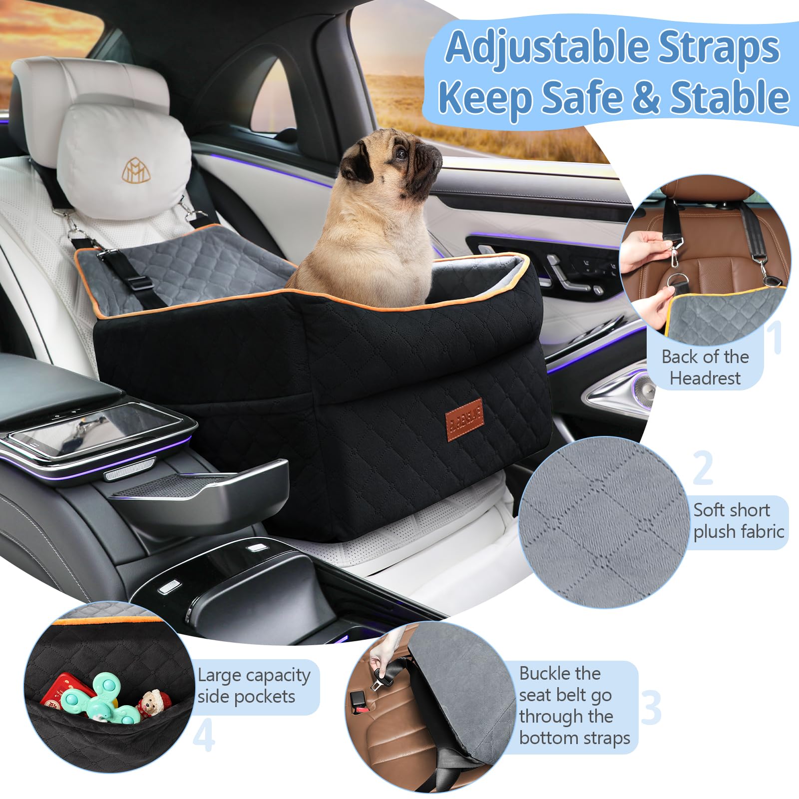 **Memory Foam Dog Booster Car Seat for Small & Medium Dogs (0-35 lbs) - Anti-Slip Pet Travel Bed with 2 Adjustable Leashes & Storage Pockets - Perfect for Road Trips & Daily Commutes**