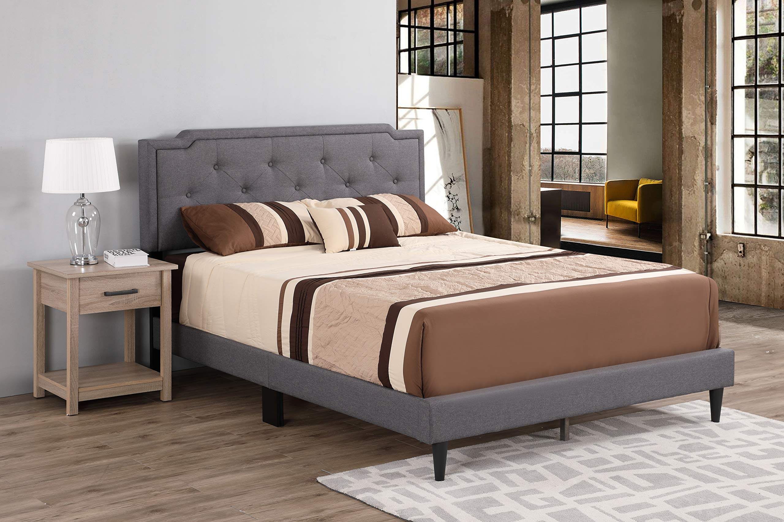 Glory Furniture DEB Queen Size Bed Frame with Headboard - Modern Gray Upholstered Platform Bed for Bedroom, Guest Room, or Dorm