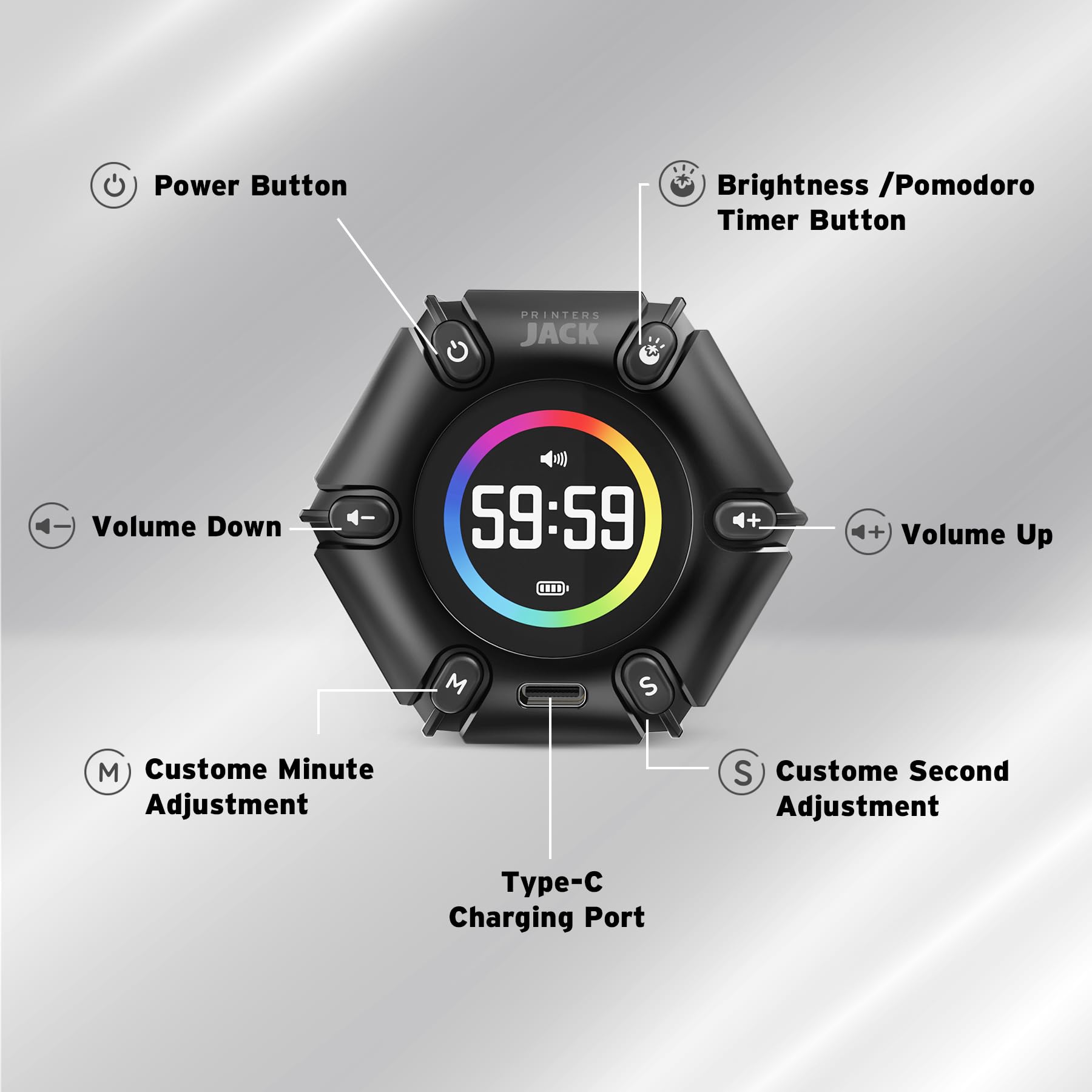 Pomodoro Timer Cube - Visual Focus Timer with Mute, Vibration & Adjustable Sound Alerts - 3/5/10/25/30/60min Custom Countdown - Productivity Tool for Office Work, Study, ADHD Focus - Black - Perfect for Time Management & Task Tracking