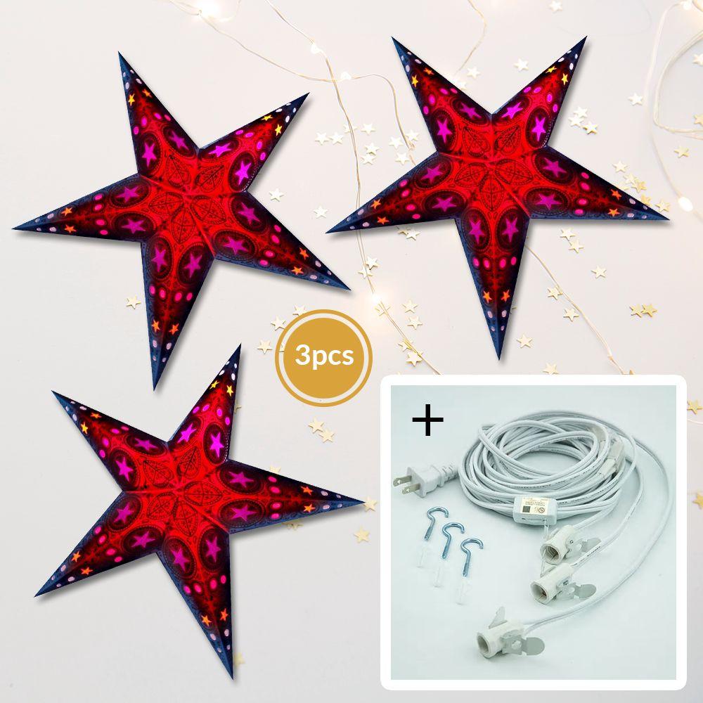 3 Pack Mystic Star Window 24 Inch LED Illuminated Paper Star Lanterns with Bulbs & Cord - Perfect for Christmas, Bedroom, Party, and Home Decor Lighting
