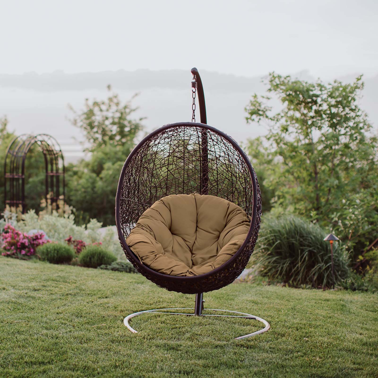 Modern Contemporary Urban Outdoor Patio Balcony Garden Swing Lounge Chair - Rattan Wicker Hanging Chair with Cushion, Brown - Perfect for Relaxing in Backyard, Porch or Poolside
