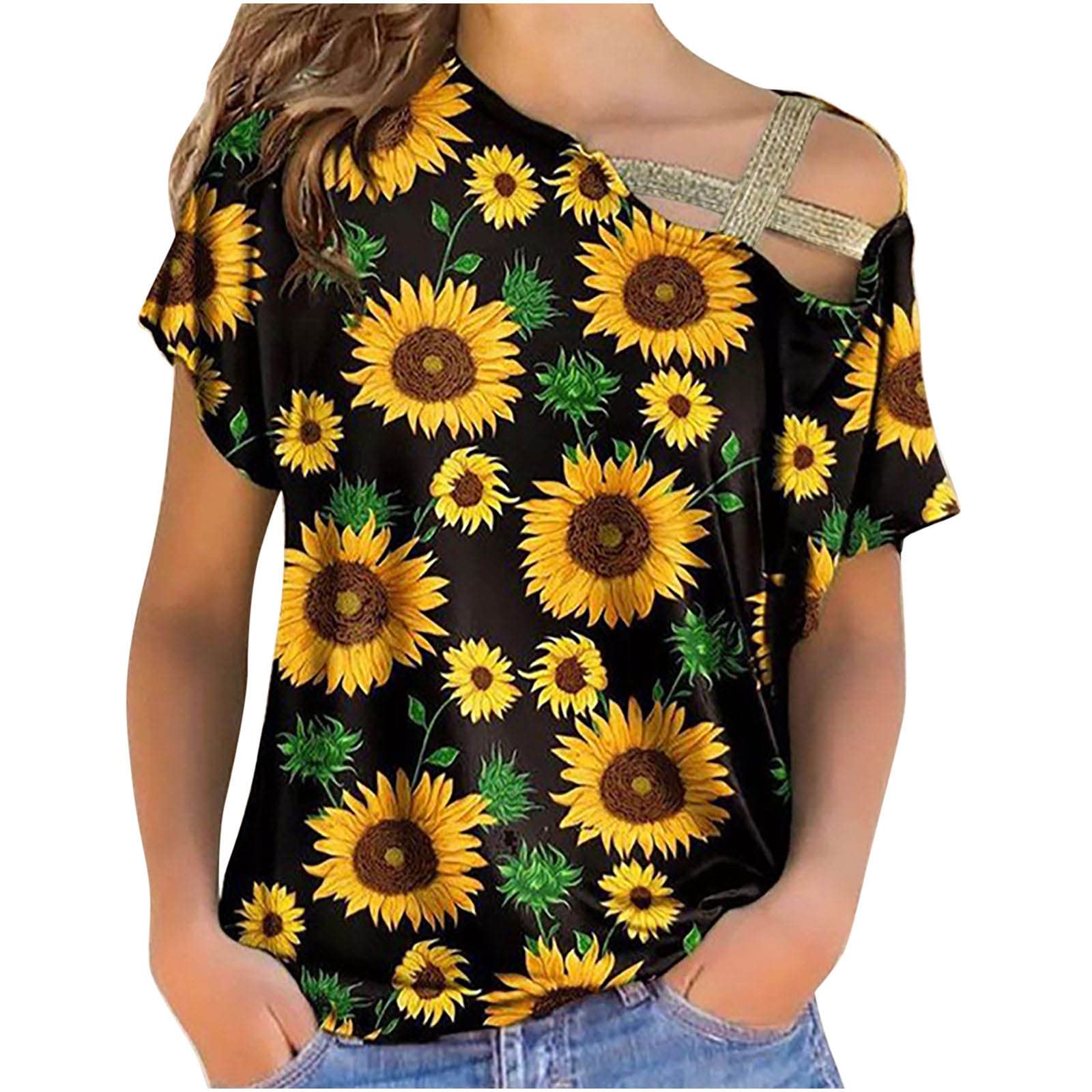 Women's Casual Summer Sunflower Print Hawaiian Shirt - Flowy Short Sleeve Blouse for Beach Vacation, Workout & Everyday Wear